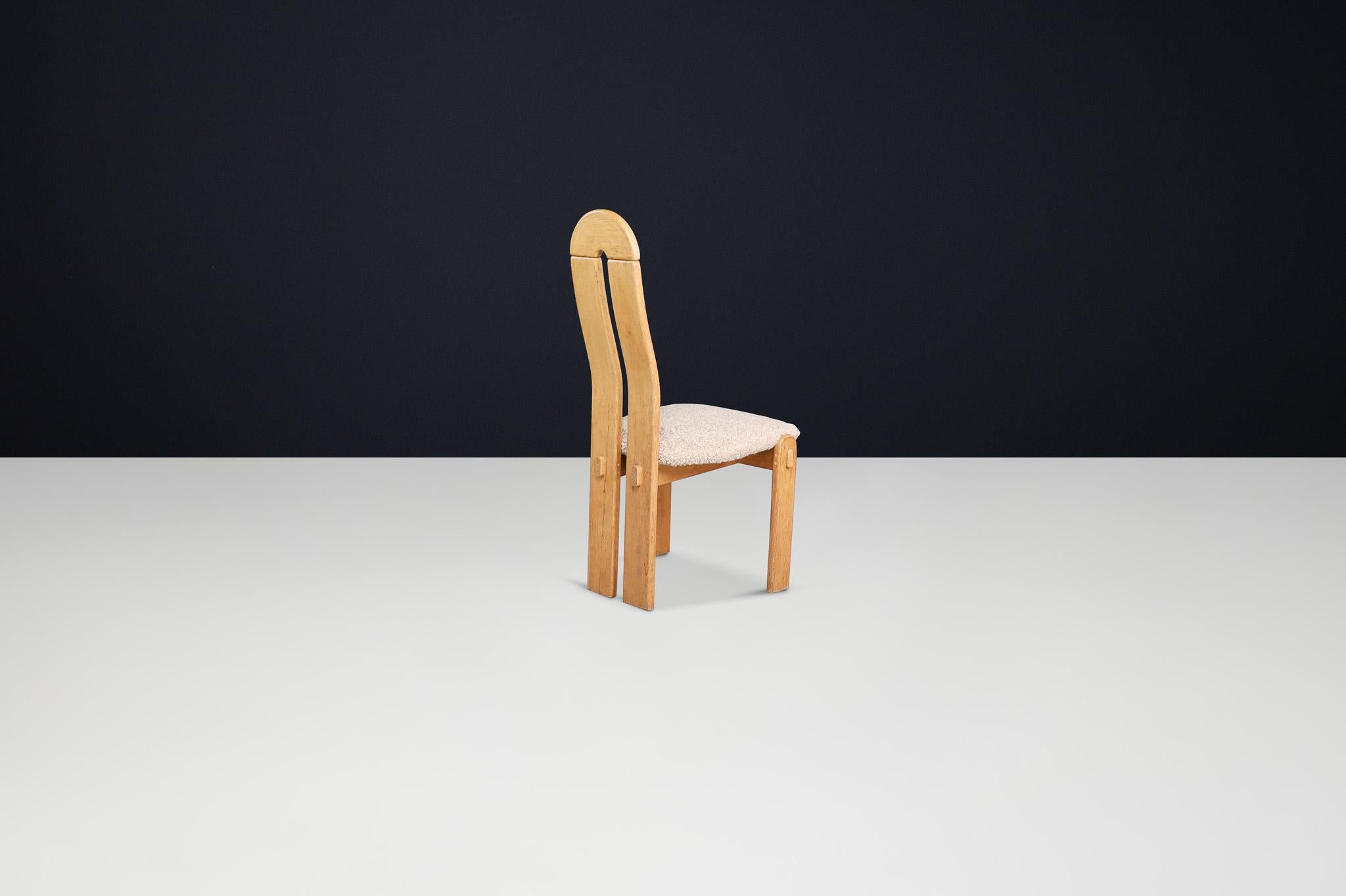Set of Scandinavian Modern High Back Oak Dining Chairs with Teddy Upholstery For Sale 3