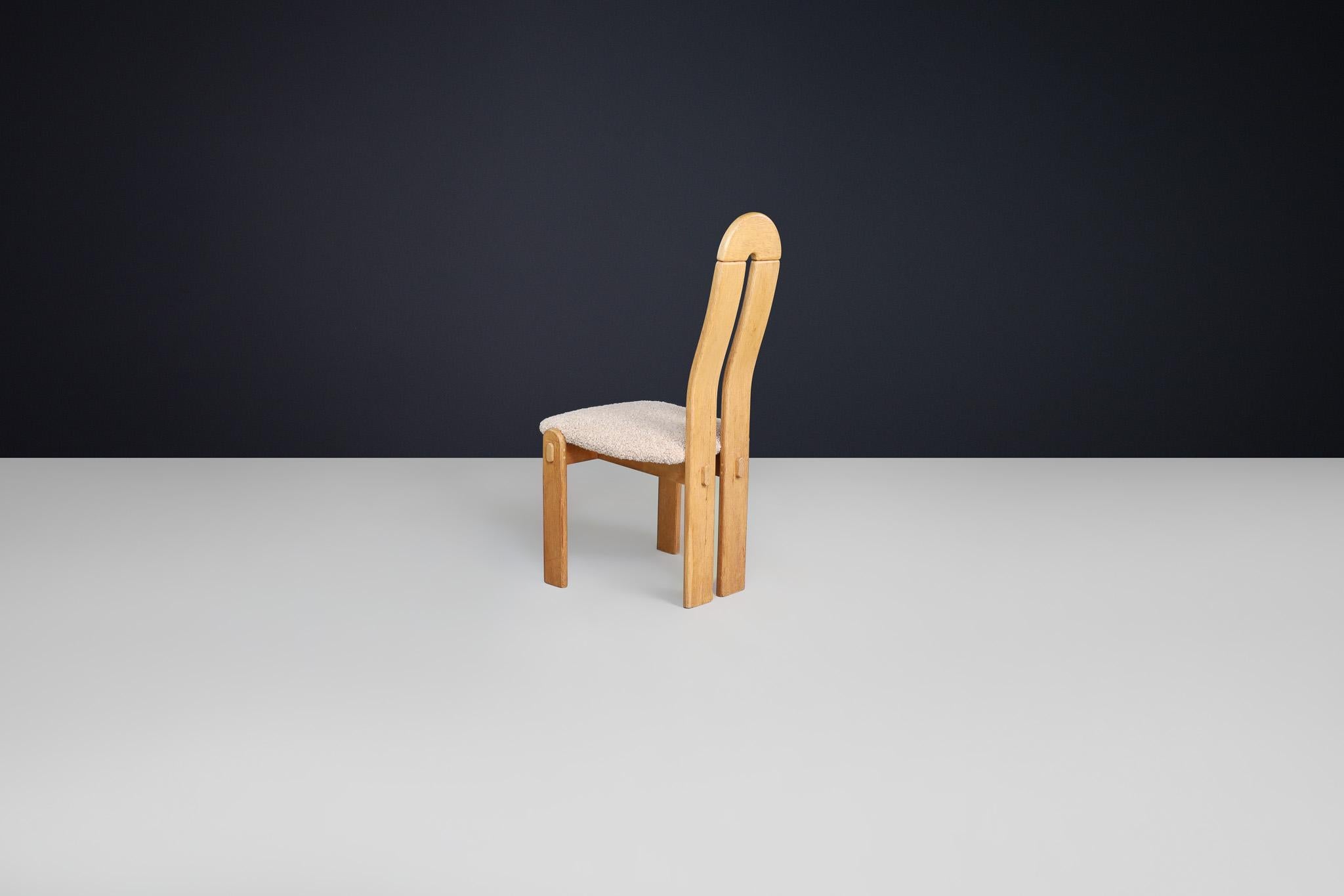 Set of Scandinavian Modern High Back Oak Dining Chairs with Teddy Upholstery For Sale 4
