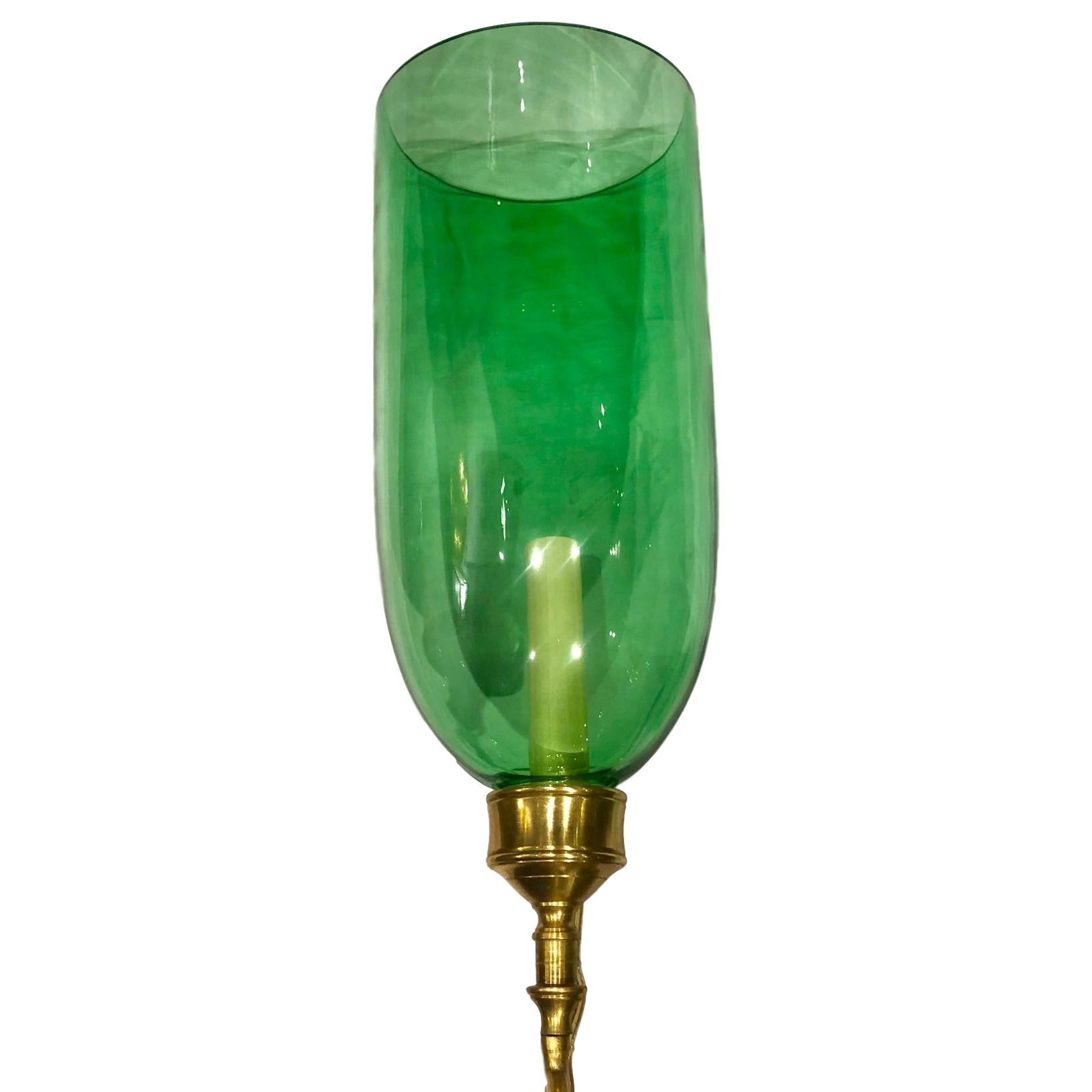 Indian Set of Sconces with Emerald Green Glass Hurricanes, Sold in Pairs For Sale