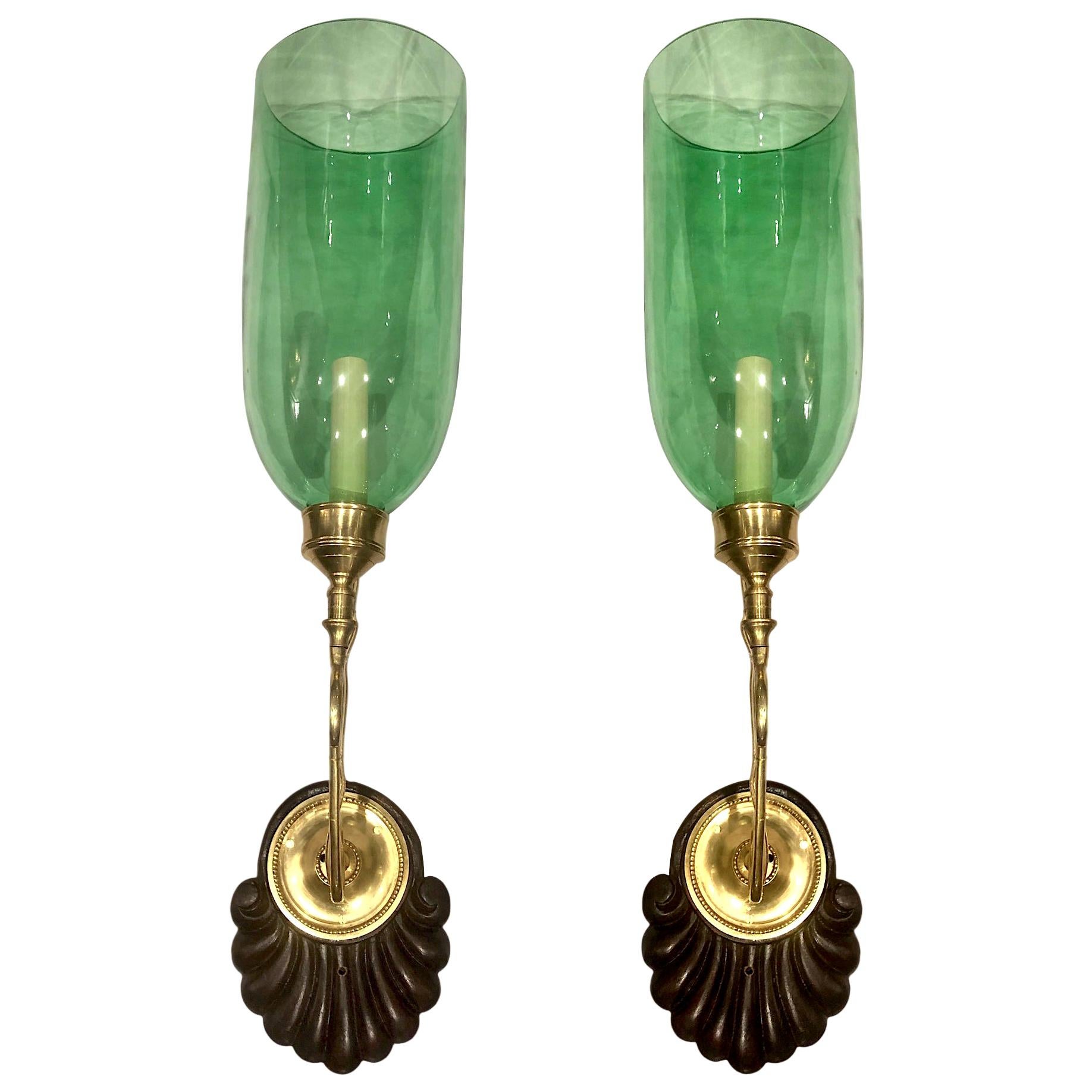 Set of Sconces with Emerald Green Glass Hurricanes, Sold in Pairs For Sale