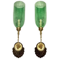 Antique Set of Sconces with Emerald Green Glass Hurricanes, Sold in Pairs