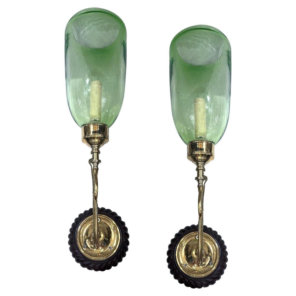 Set of Sconces with Green Glass Hurricanes, Sold in Pairs