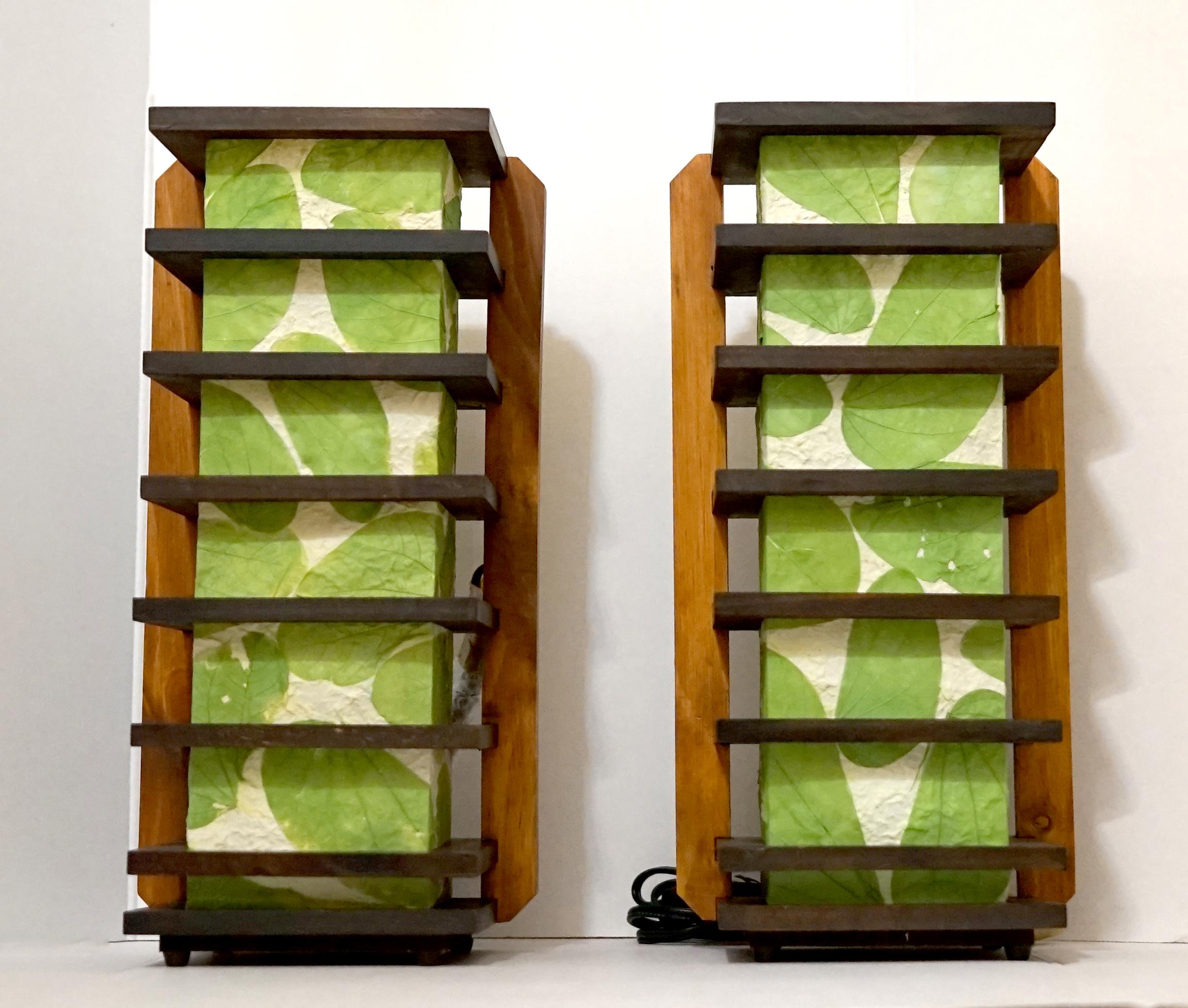 20th Century Set of Sconces with Vintage Decoupage Rice Paper Walnut and Teak Wall Light For Sale
