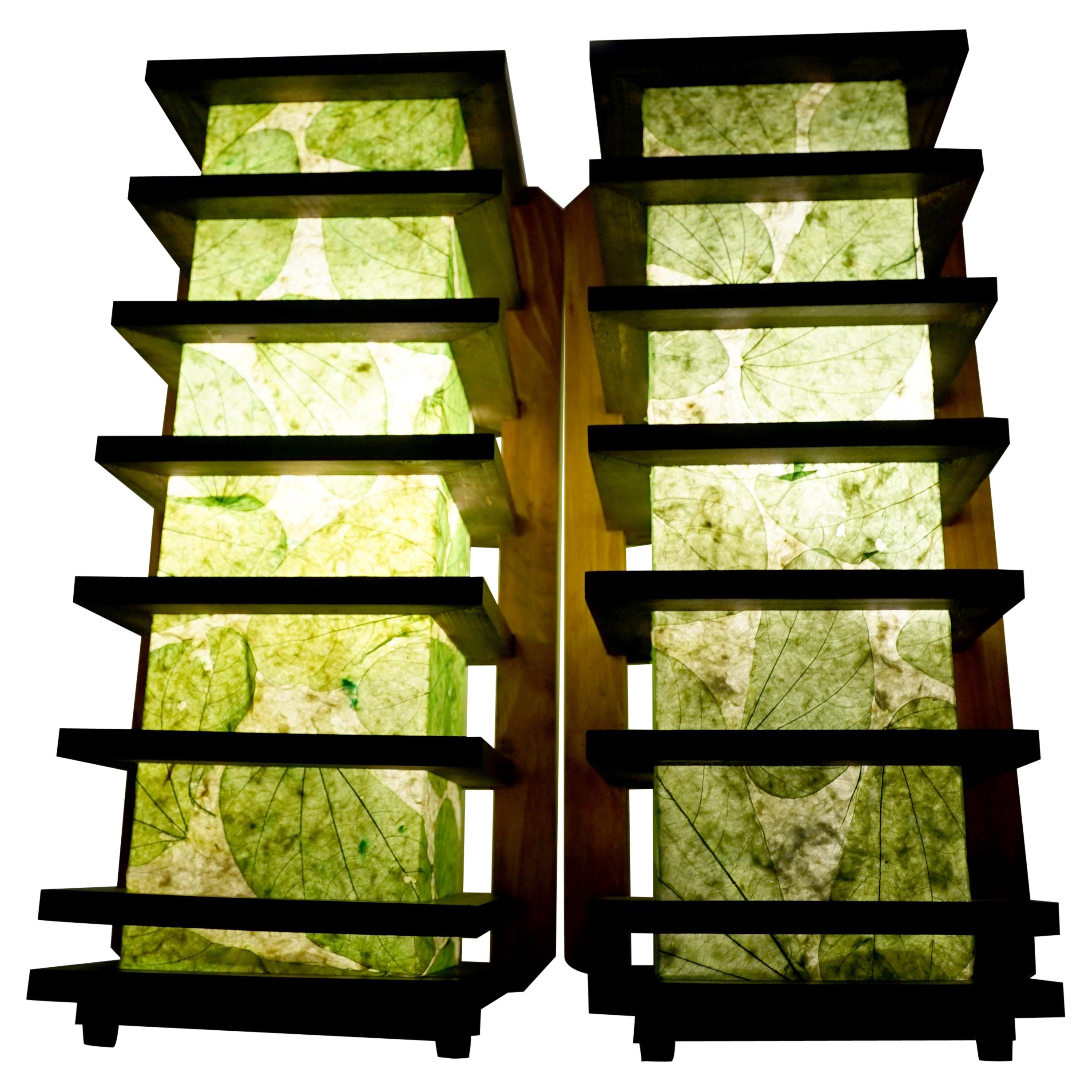 Set of Sconces with Vintage Decoupage Rice Paper Walnut and Teak Wall Light For Sale