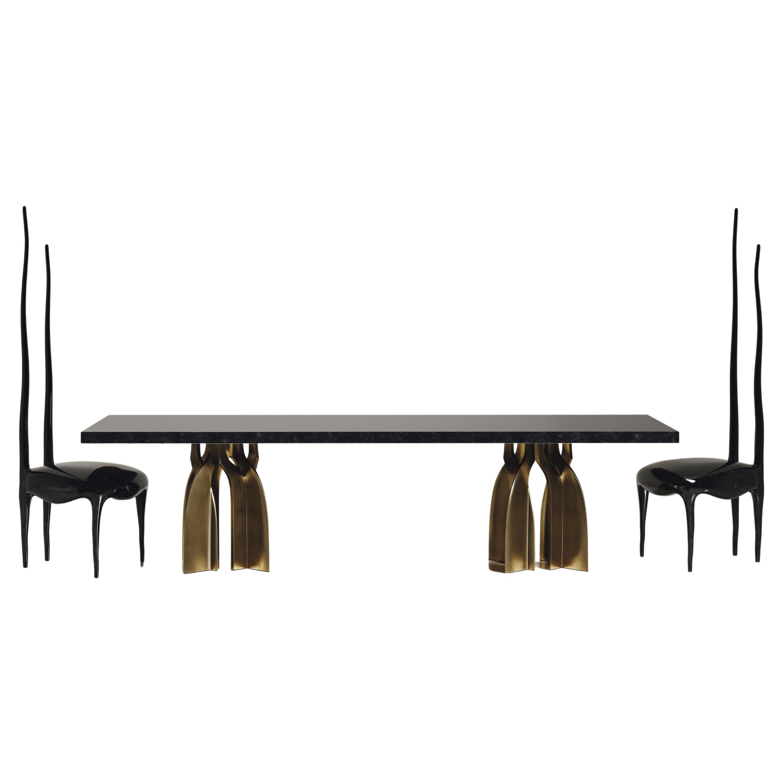 Set of Sculptural Chairs and Dining Table in Shell and Brass by Kifu Paris For Sale