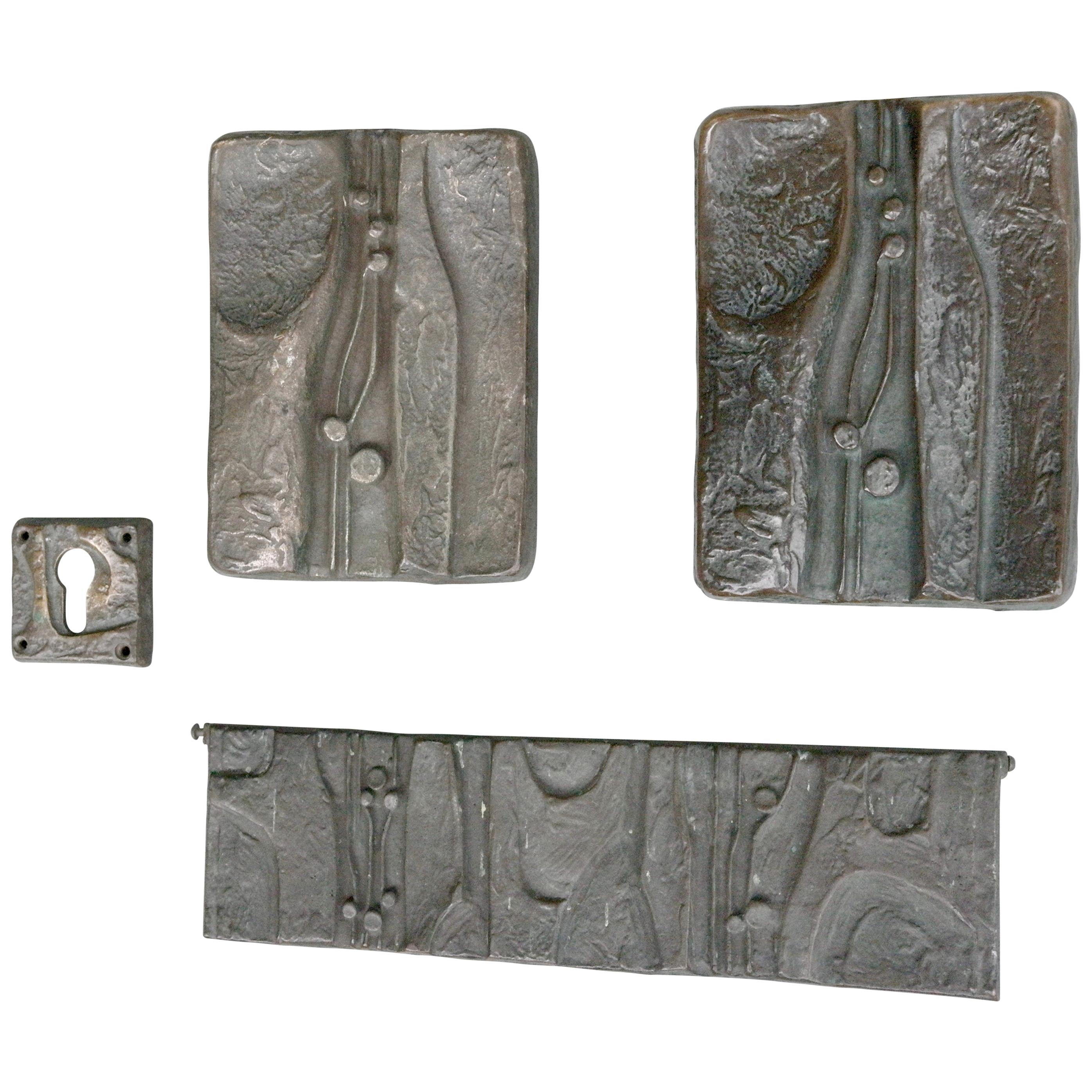 Set of Sculptural Organic Bronze Art Door Handles, Mailbox and Keyhole, 1960s