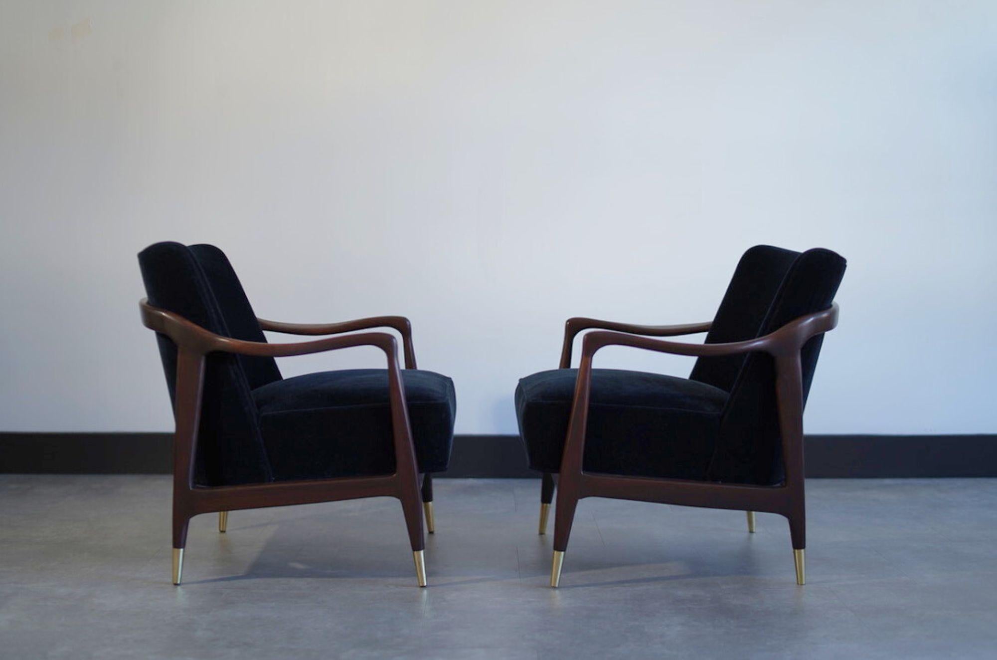 20th Century Set of Sculptural Walnut Lounge Chairs in Mohair, C. 1950s