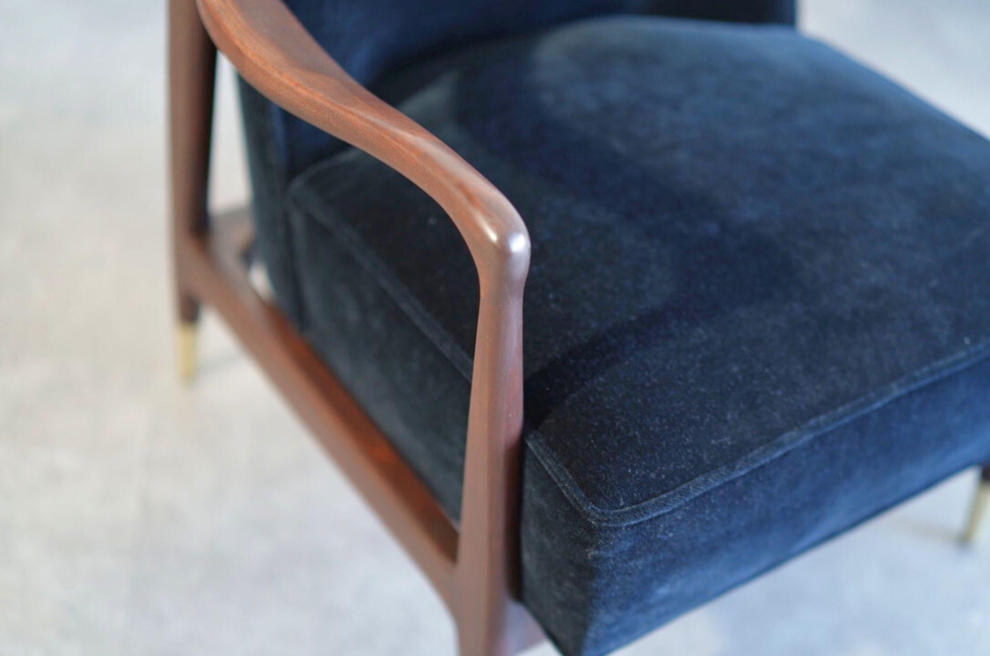 Brass Set of Sculptural Walnut Lounge Chairs in Mohair, C. 1950s