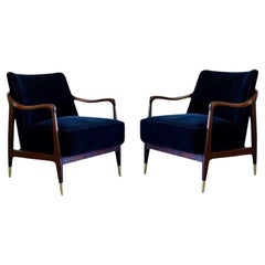 Set of Sculptural Walnut Lounge Chairs in Mohair, C. 1950s