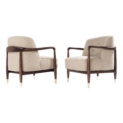 Set of Sculptural Walnut Lounge Chairs in Natural Bouclé, Italy 1950s