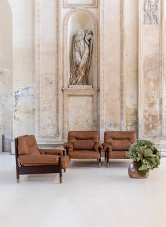 Set of "Sella" Three Brown Leather Armchairs Carlo de Carli Per Sormani