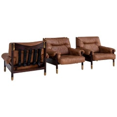 Set of "Sella" Three Brown Leather Armchairs Carlo de Carli Per Sormani