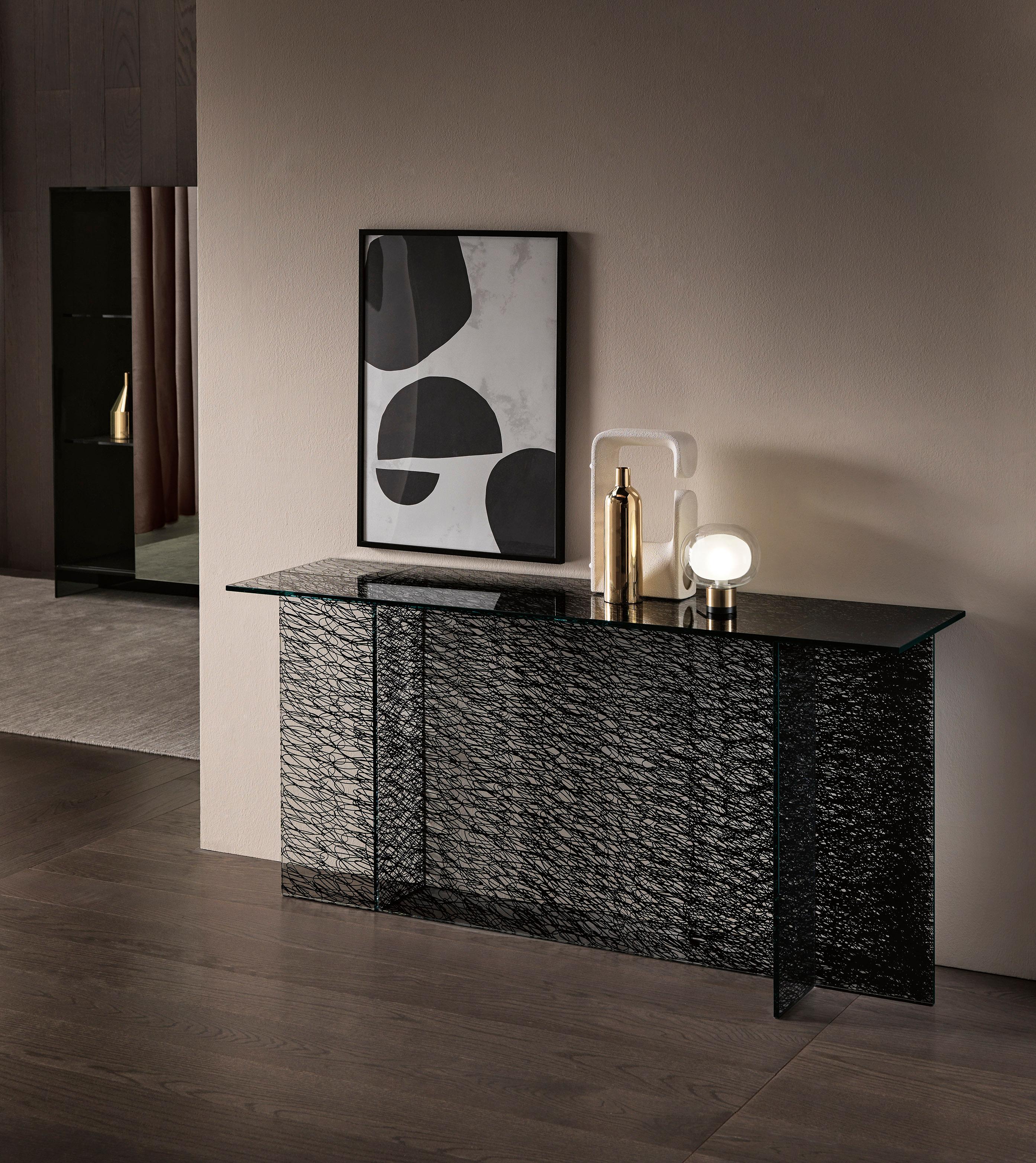 Italian Set of Sestante Black Glass Coffee Table and Console For Sale