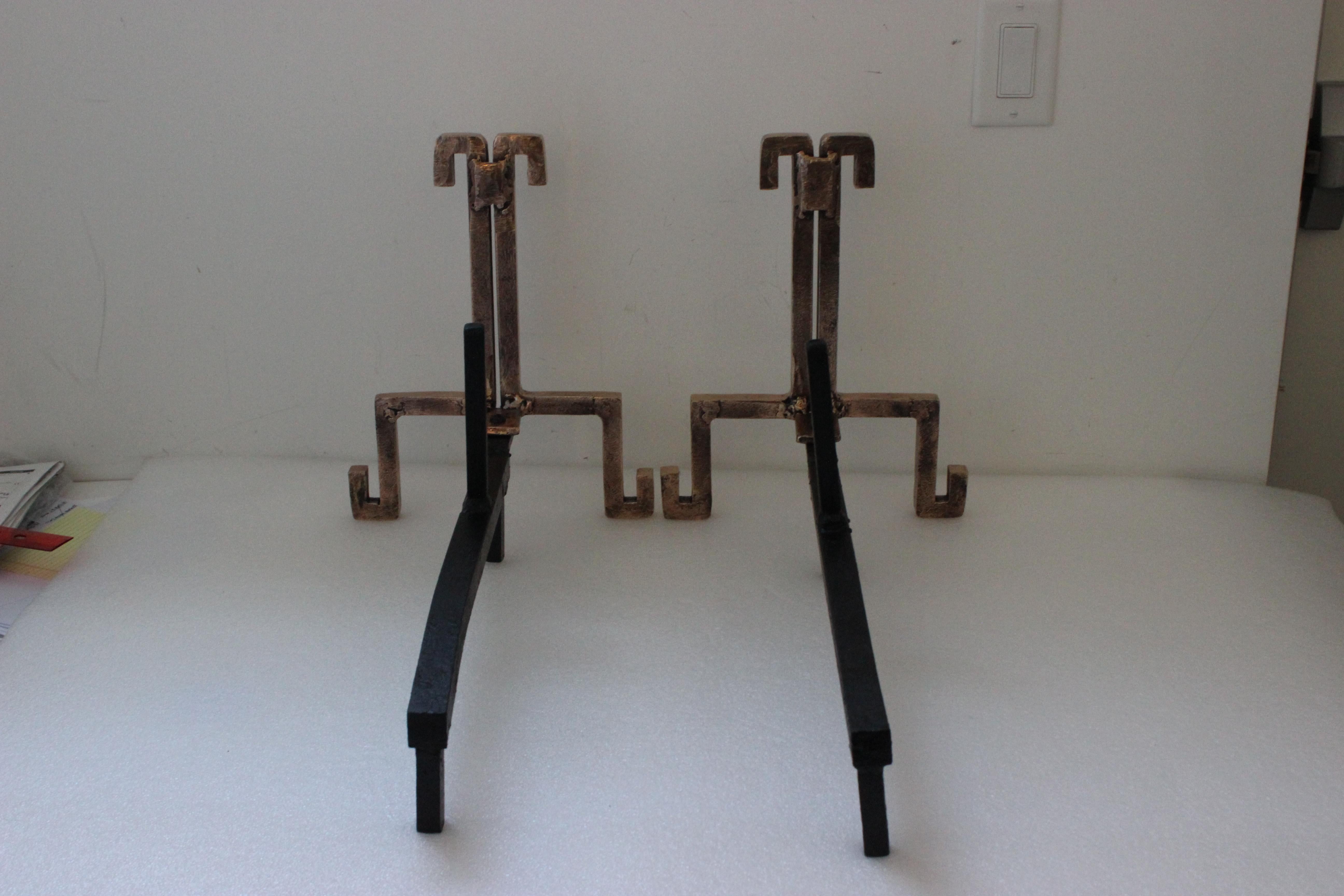 Set of Set Deco Greek Key Andirons In Good Condition For Sale In West Palm Beach, FL