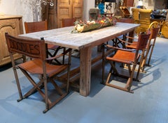 Set of Seven 1970s Spanish Leather & Wood Fire Inscribed Folding Chairs