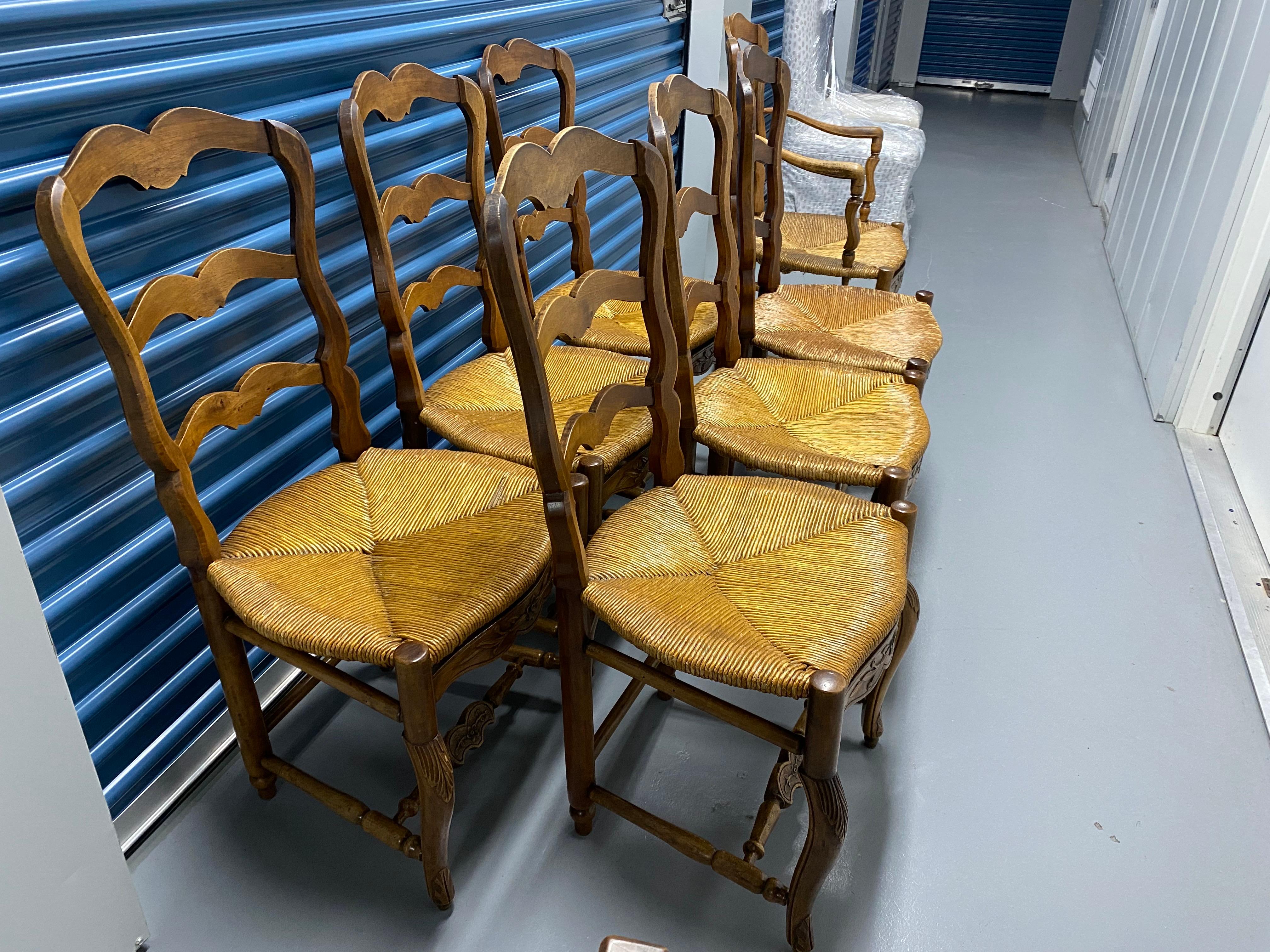 Set of Seven 19th C French Provençal Ladder Back Walnut Rush Seat Dining Chairs For Sale 9