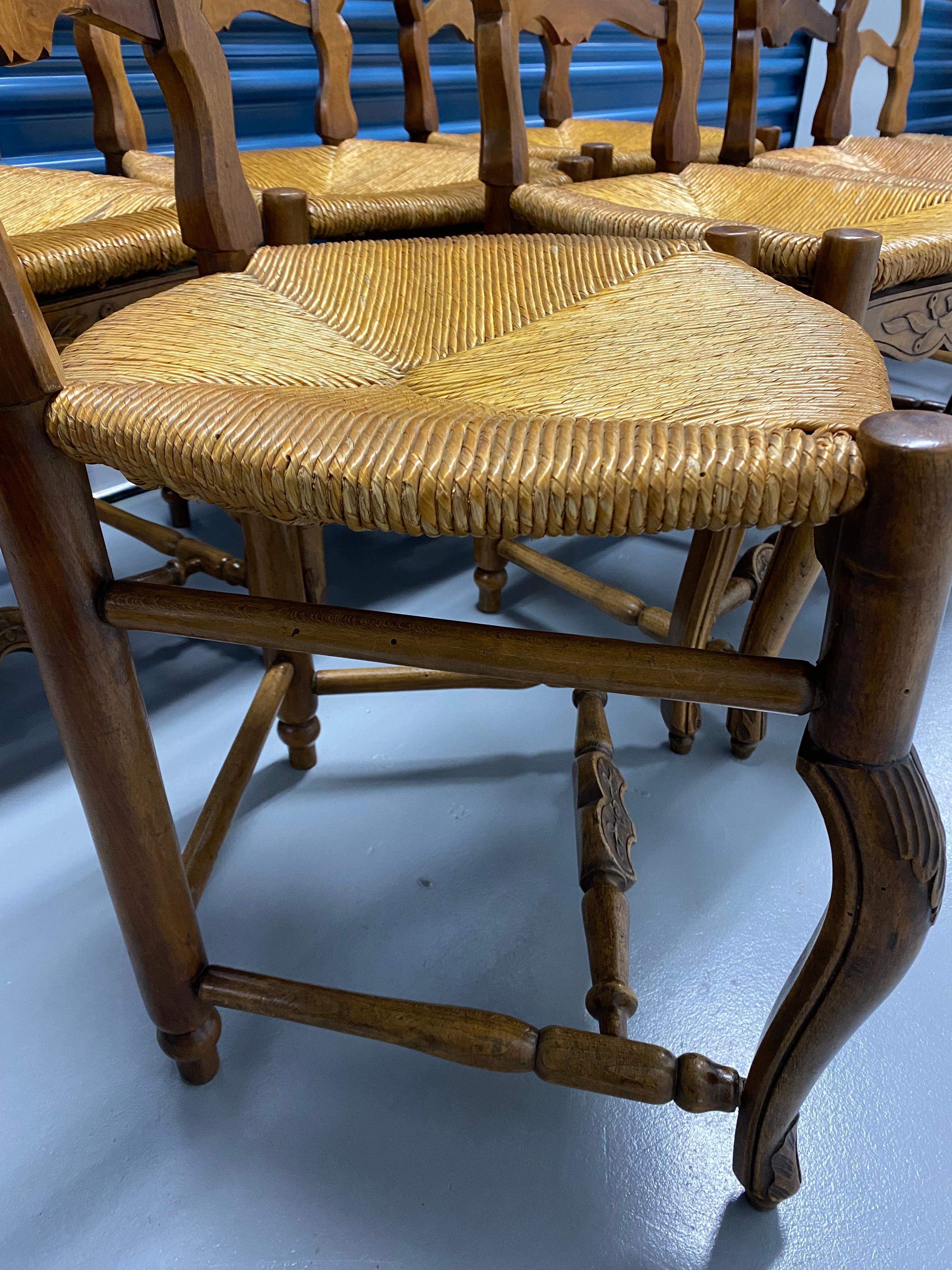 Set of Seven 19th C French Provençal Ladder Back Walnut Rush Seat Dining Chairs For Sale 11