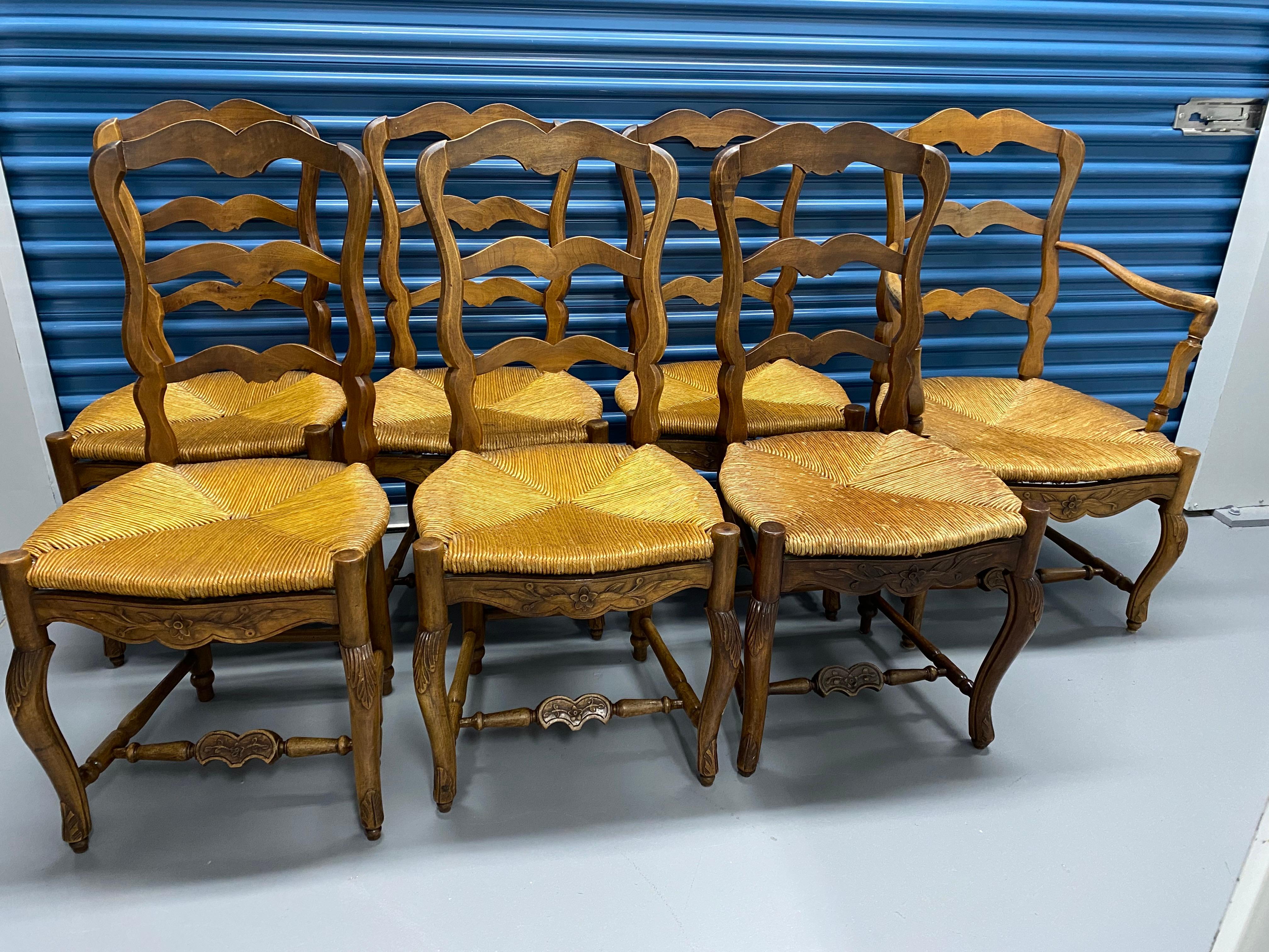 Set of Seven 19th C French Provençal Ladder Back Walnut Rush Seat Dining Chairs For Sale 2