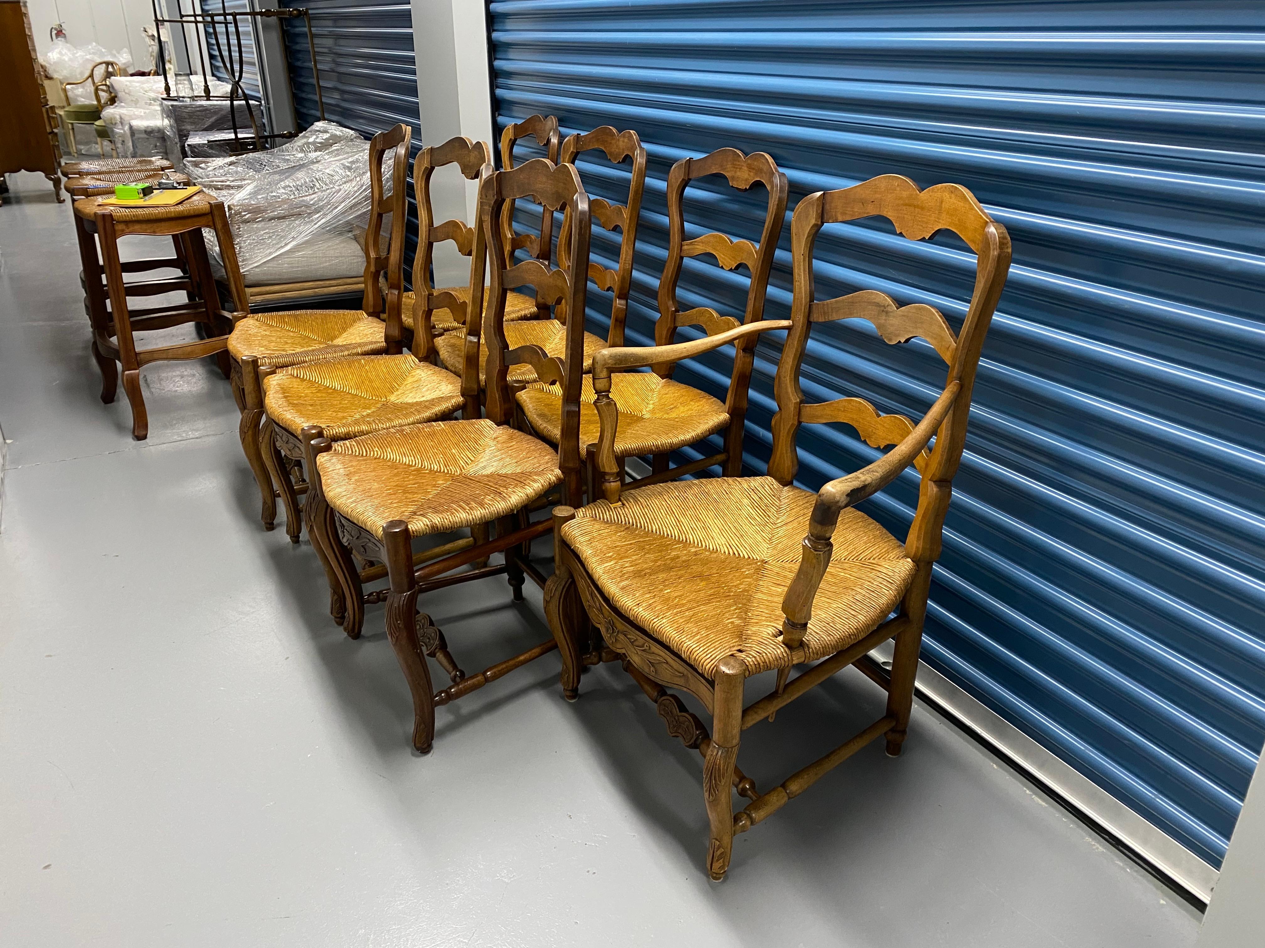 Set of Seven 19th C French Provençal Ladder Back Walnut Rush Seat Dining Chairs For Sale 4