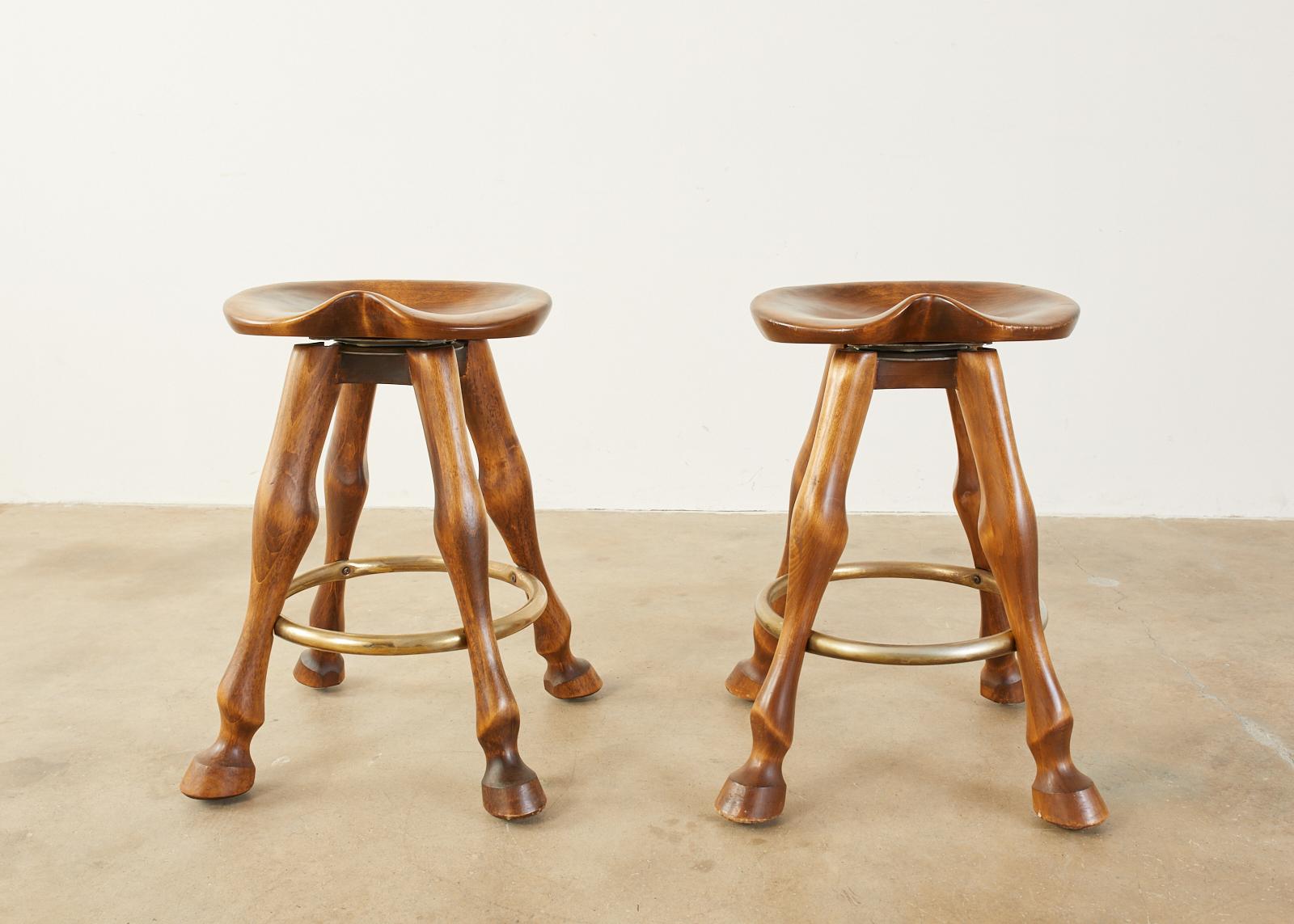 Rustic Set of Seven Americana Horse Leg Barstools Saddle Seats
