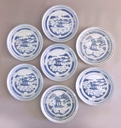 Set of Seven Antique Chinese Canton Porcelain Blue and White Plates
