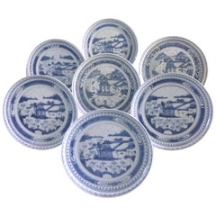 Set of Seven Antique Chinese Canton Porcelain Blue and White Plates