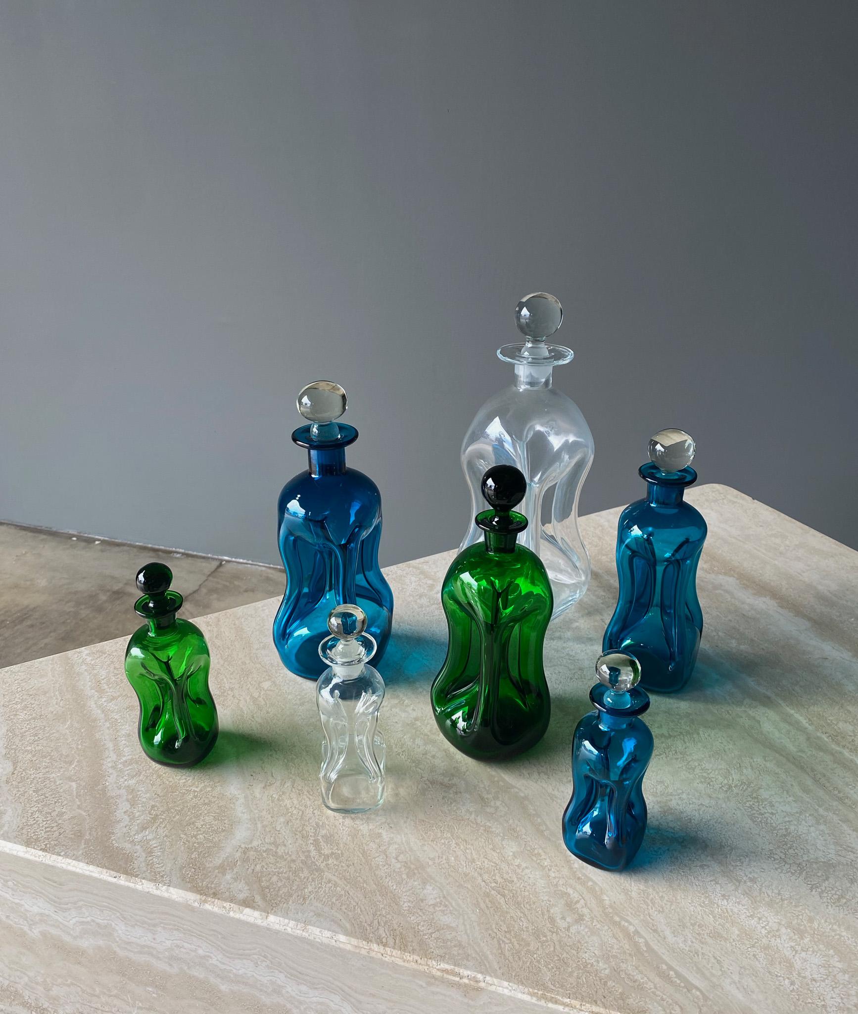 Mid-Century Modern Set of Seven Art Glass Decanters by Holmegaard, Denmark, 1960s For Sale