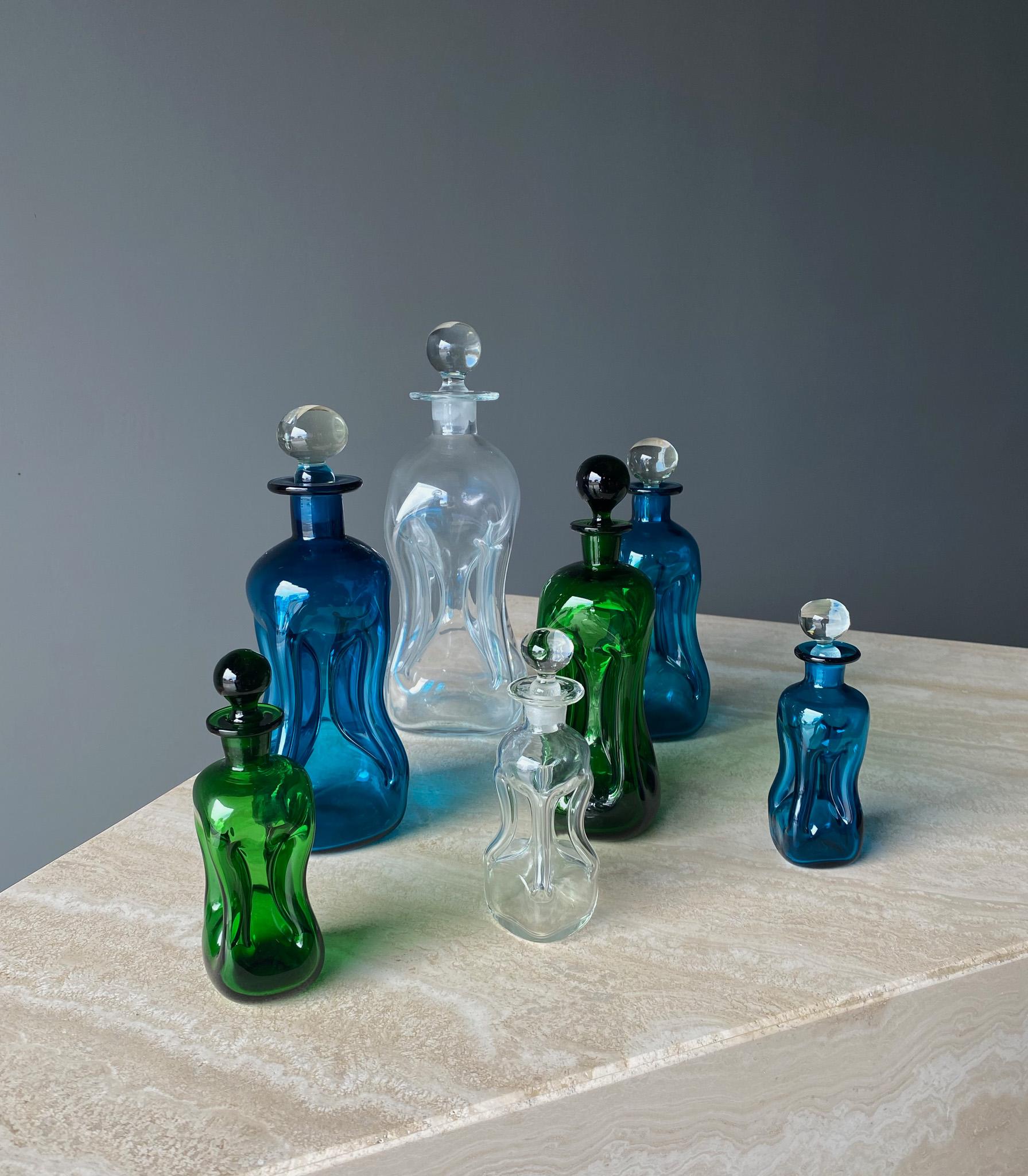 20th Century Set of Seven Art Glass Decanters by Holmegaard, Denmark, 1960s For Sale