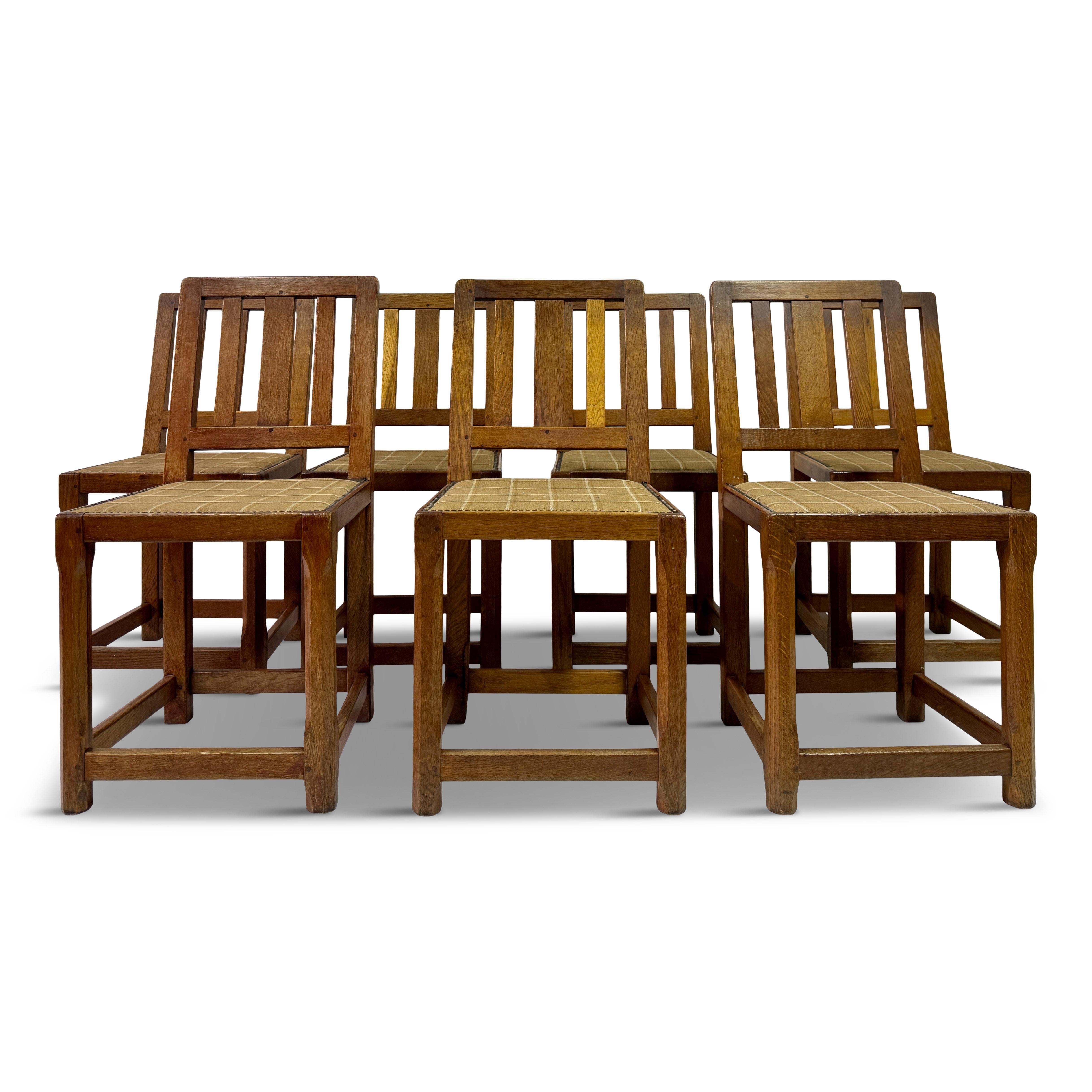 Set of Seven Arts and Crafts Oak Dining Chairs For Sale 14