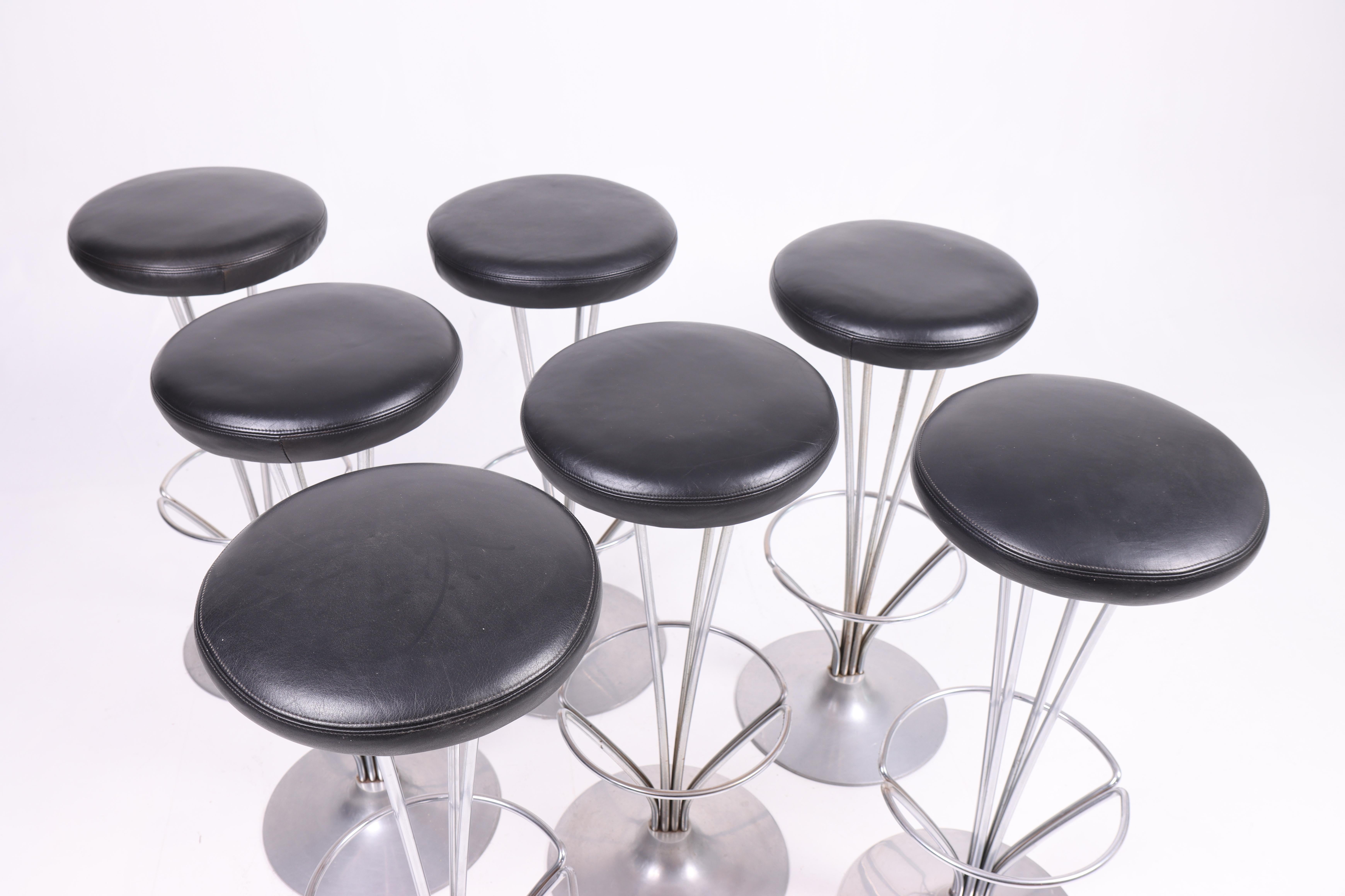 Mid-20th Century Set of Seven Barstools in Patinated Leather by Piet Hein, Danish, 1960s For Sale