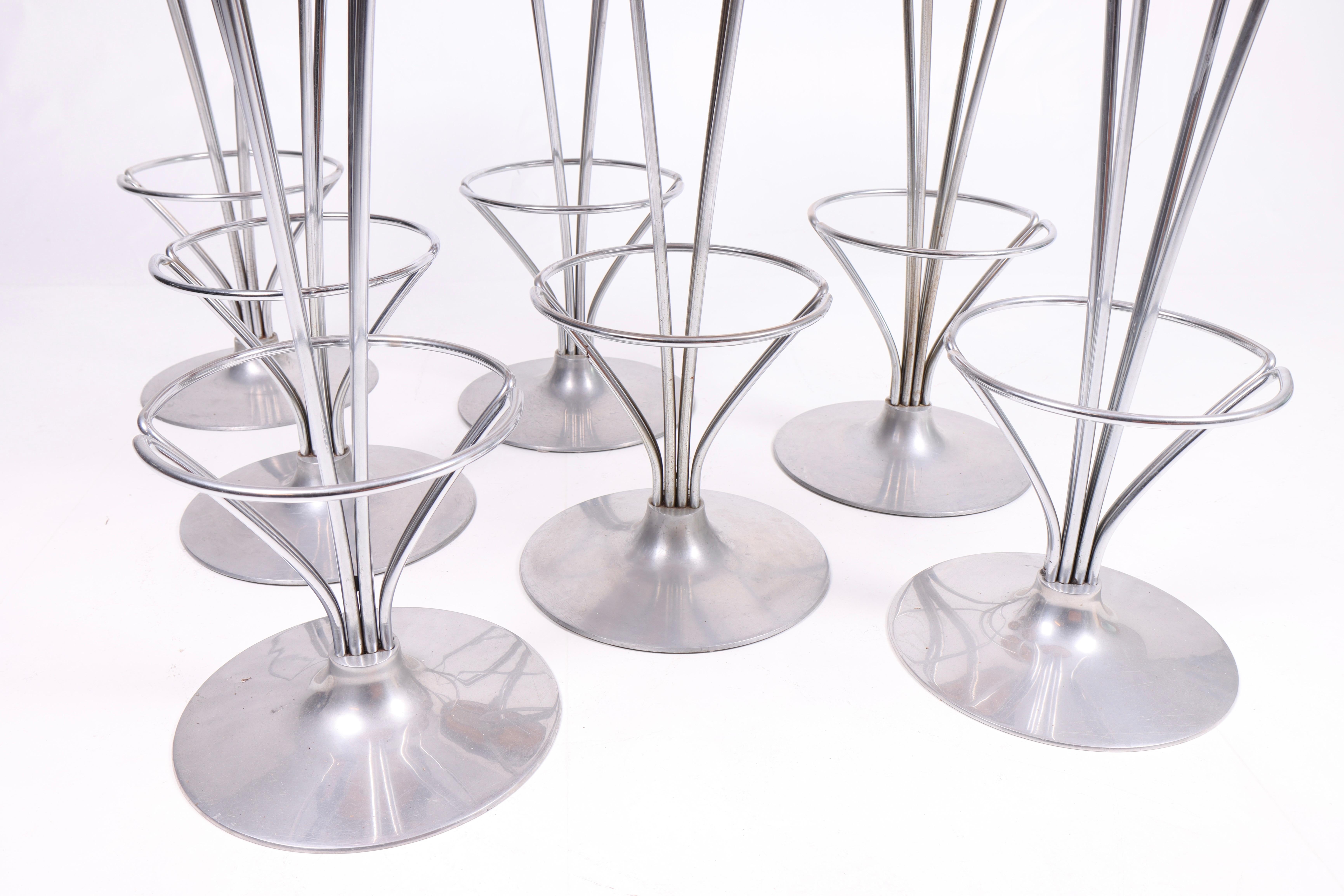 Metal Set of Seven Barstools in Patinated Leather by Piet Hein, Danish, 1960s For Sale