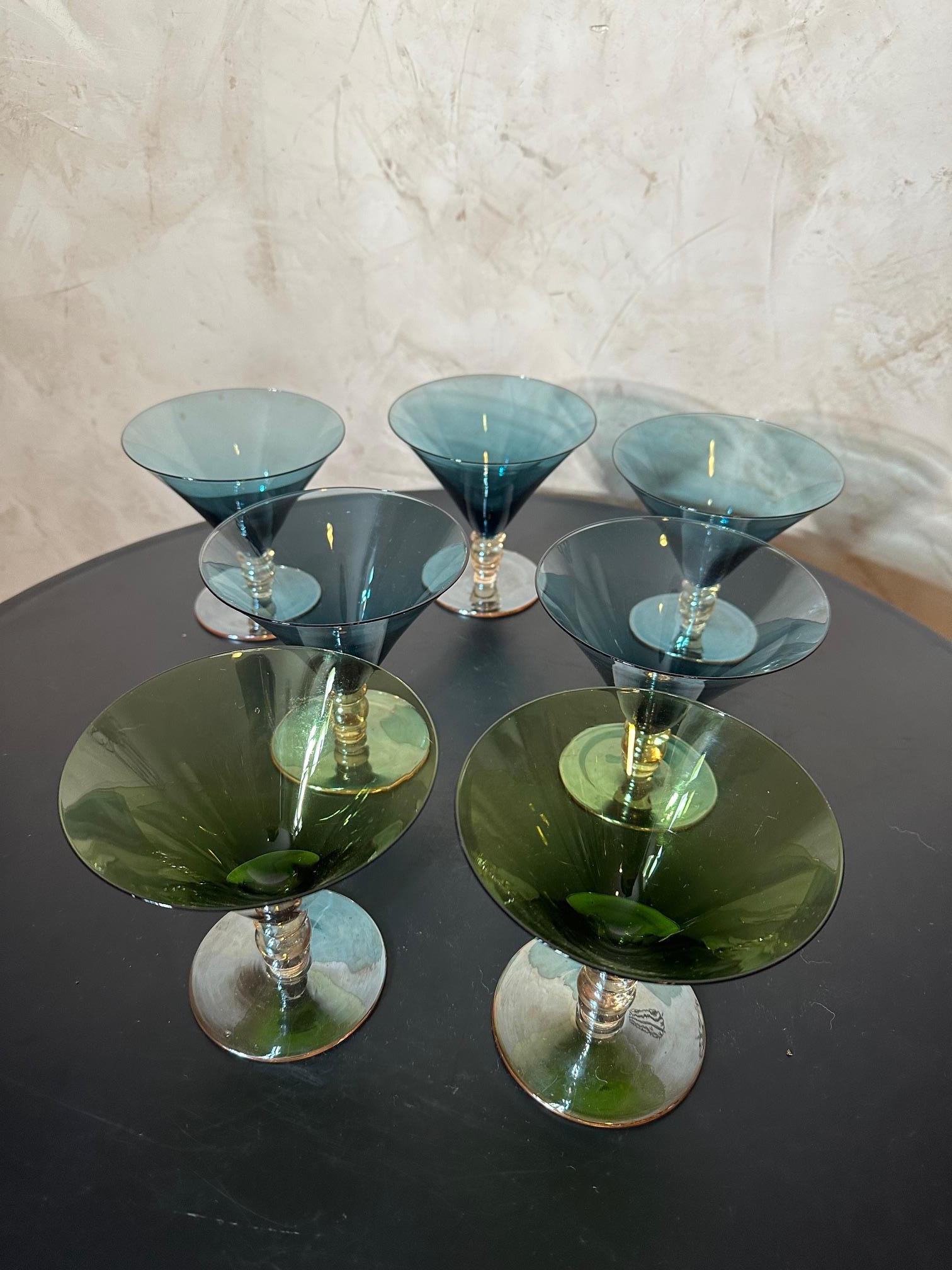 French Set of Seven Blue and Green Vintage Cocktail Glasses, 1970s For Sale