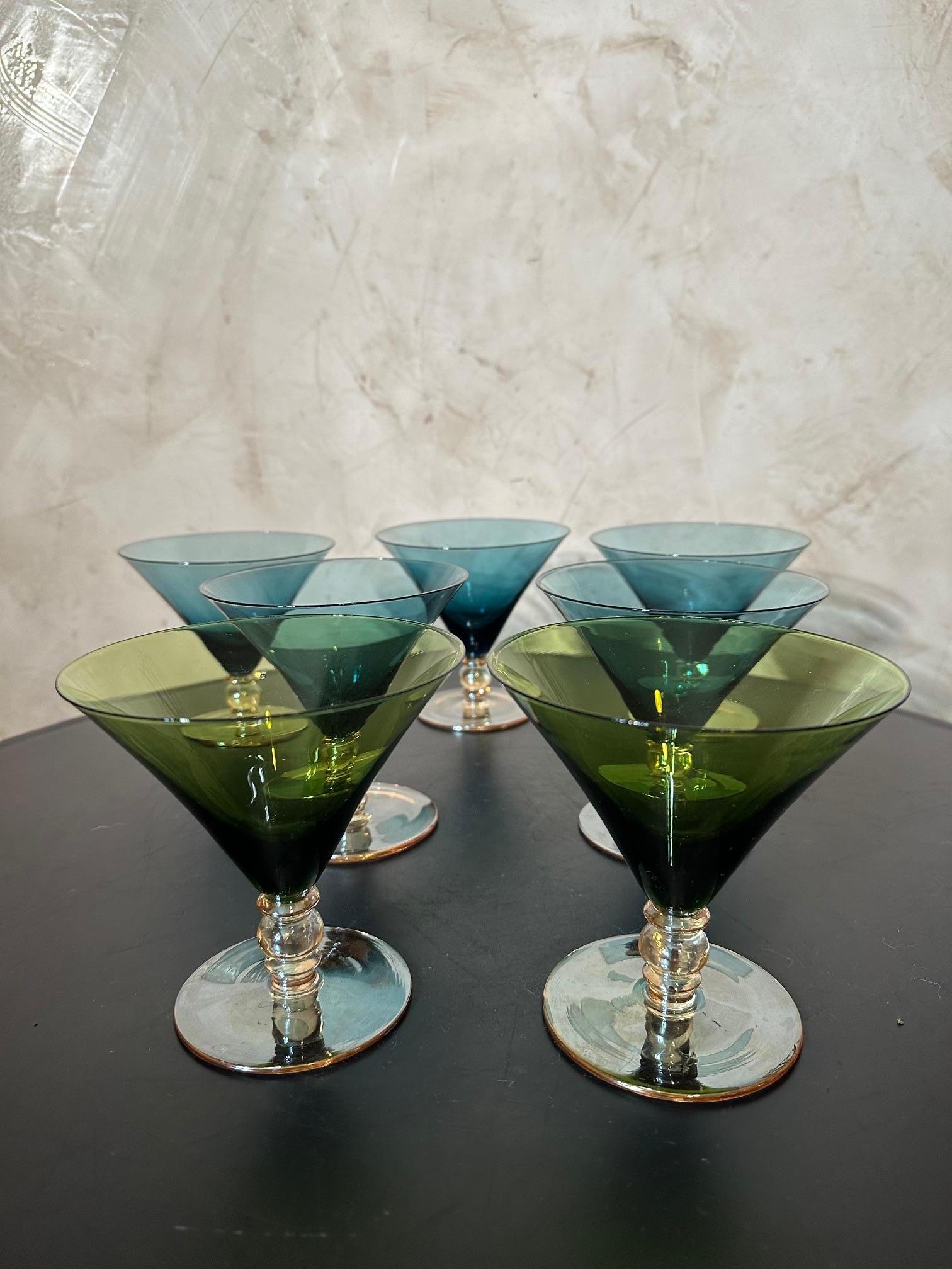 Set of Seven Blue and Green Vintage Cocktail Glasses, 1970s In Good Condition For Sale In LEGNY, FR