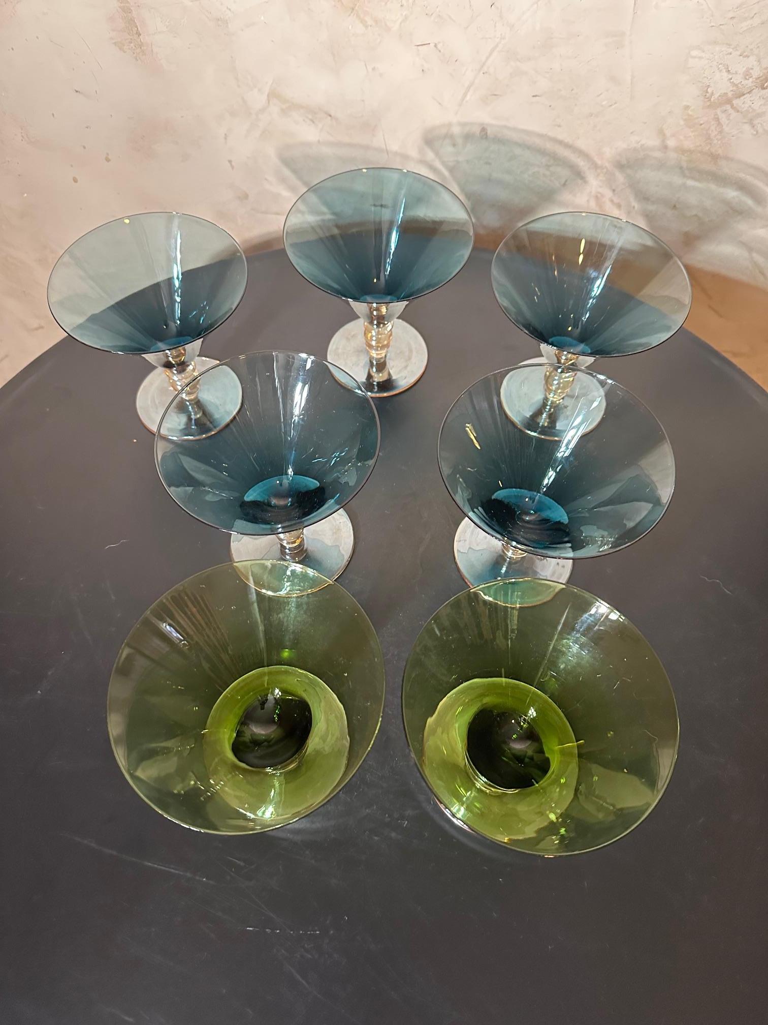 Late 20th Century Set of Seven Blue and Green Vintage Cocktail Glasses, 1970s For Sale