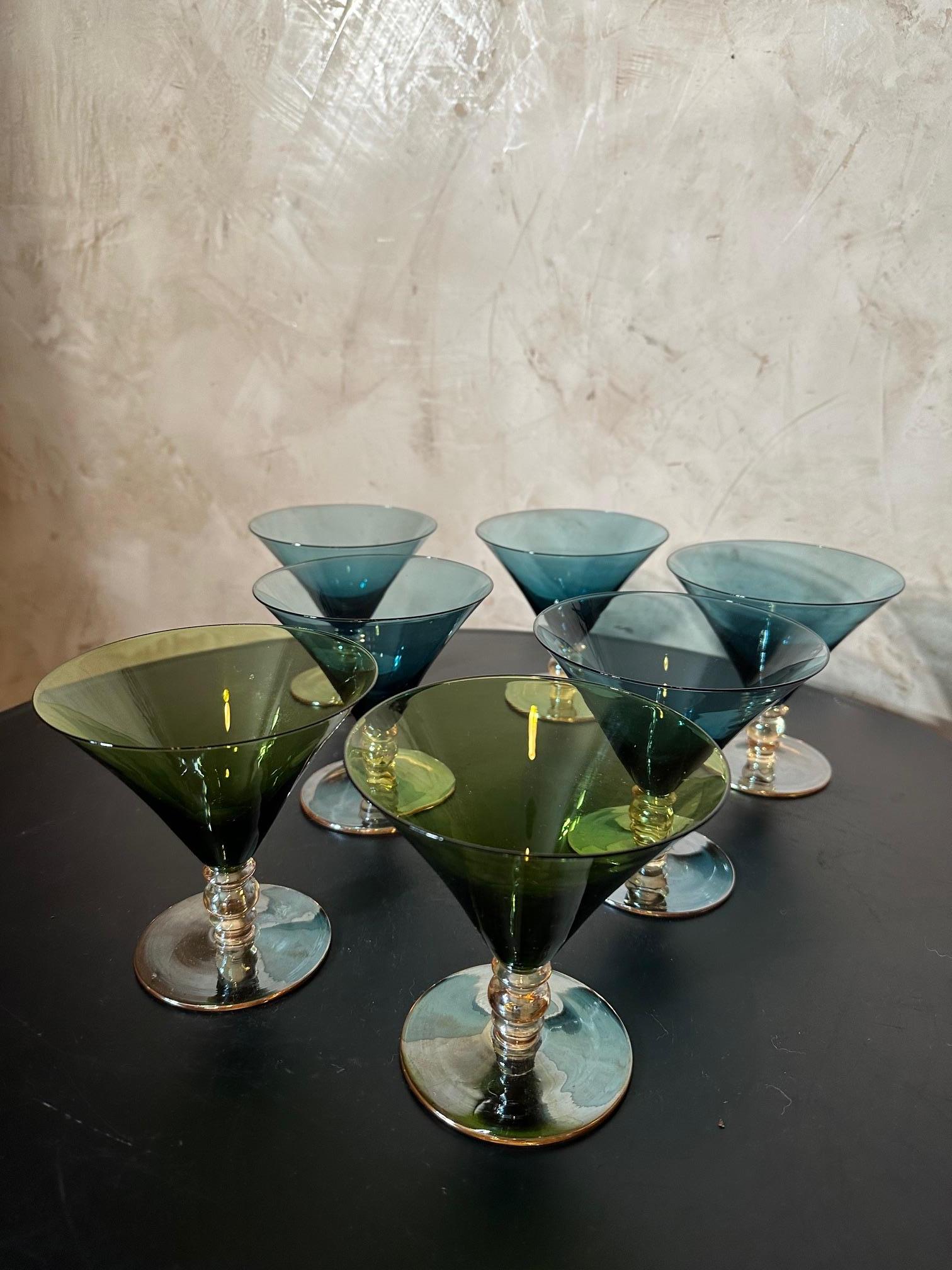 Set of Seven Blue and Green Vintage Cocktail Glasses, 1970s For Sale 1