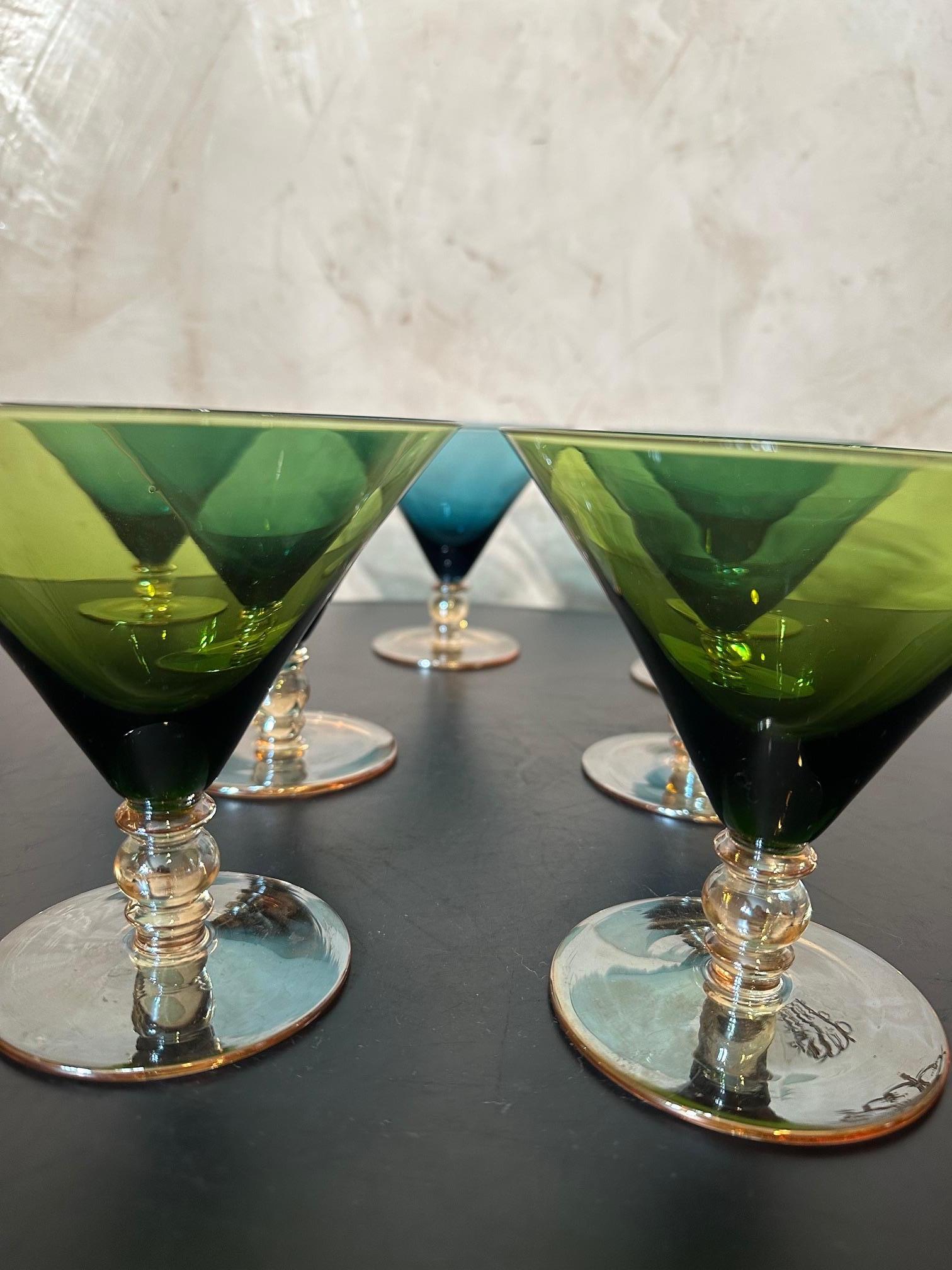 Set of Seven Blue and Green Vintage Cocktail Glasses, 1970s For Sale 3