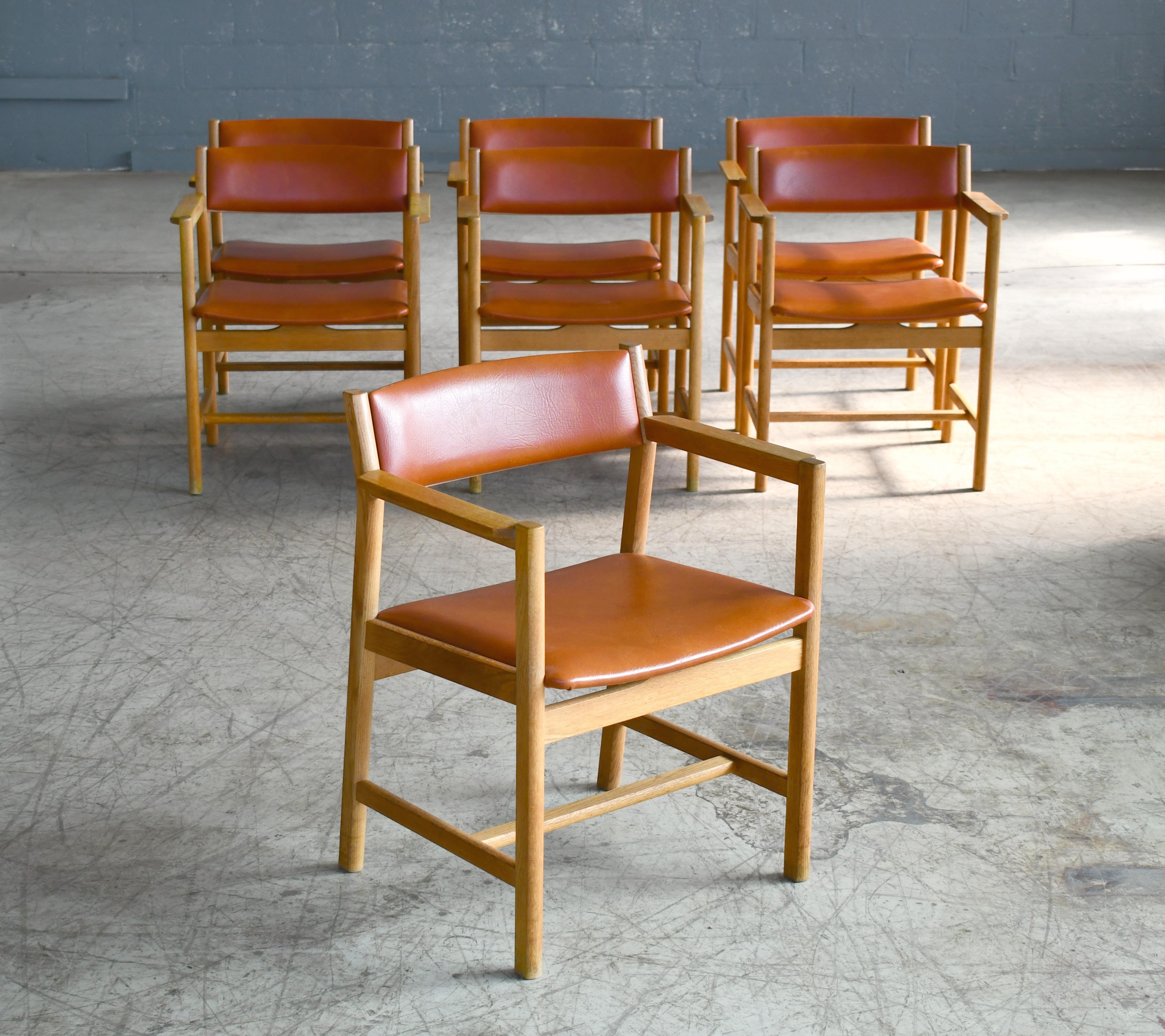 Fantastic set of seven late 1960s dining chairs designed by Børge Mogensen as model 101 for Søborg Møbelfabrik. Søborg was one of the high quality makers of the era located just outside Copenhagen and one of the main producers for designers for