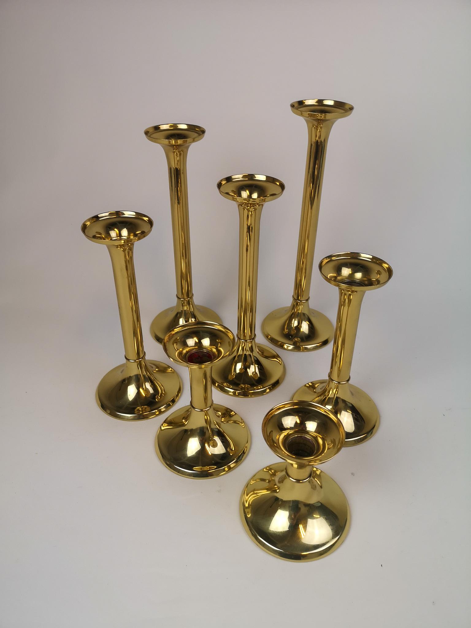 Scandinavian Modern Set of Seven Brass Candleholders Copenhagen Denmark