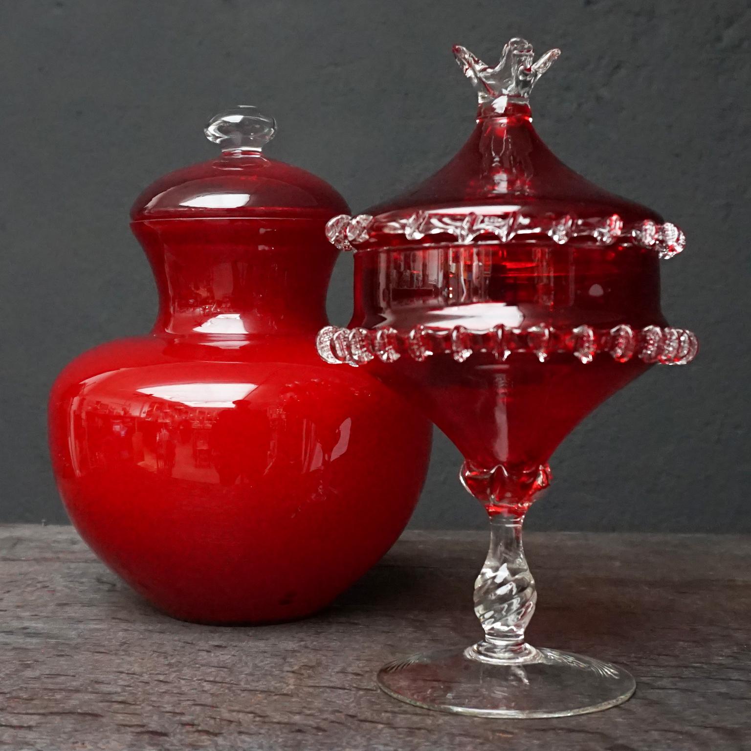 Set of Seven Bright Red MCM 1960s Italian Empoli Art Glass Decanters Vases Jars For Sale 1