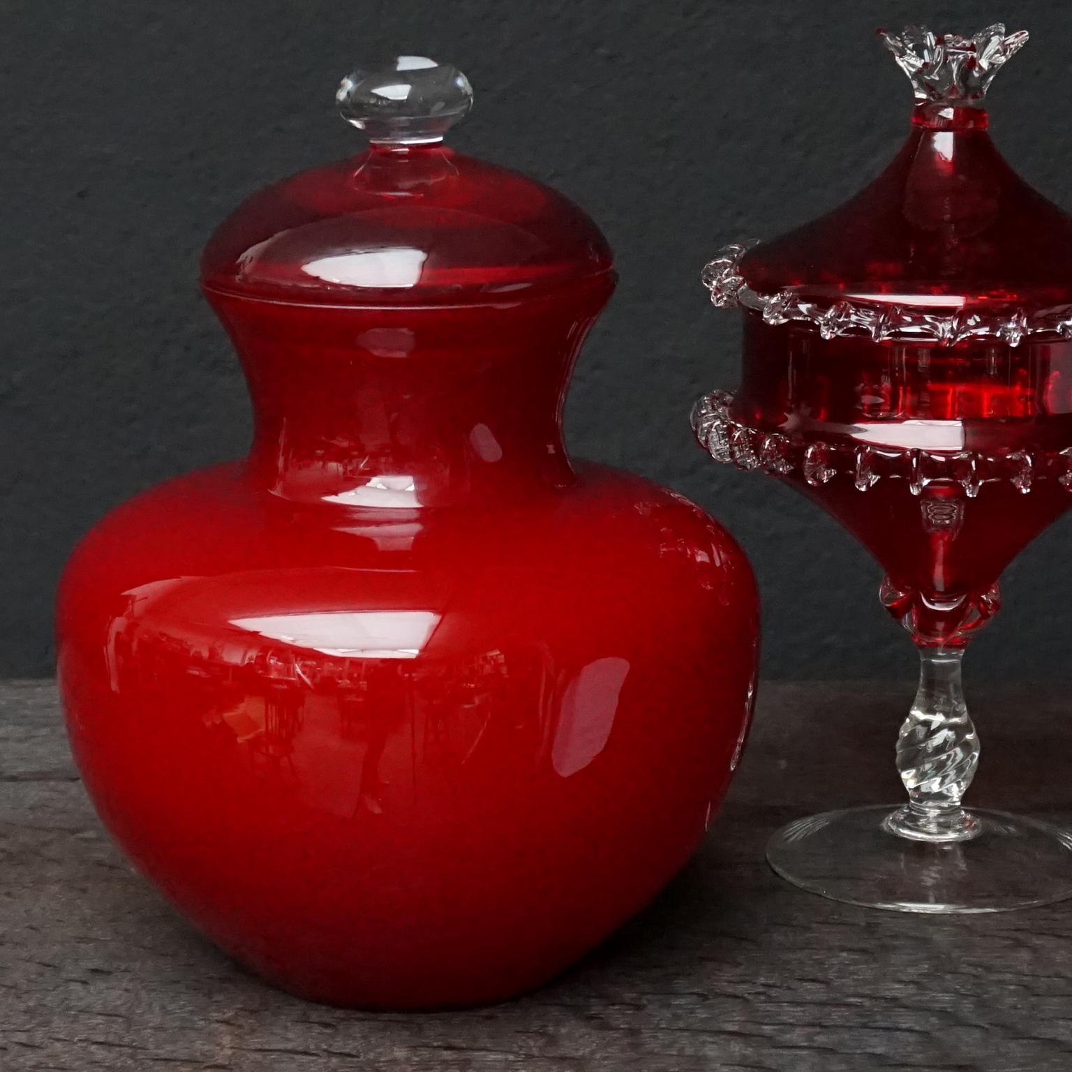 Set of Seven Bright Red MCM 1960s Italian Empoli Art Glass Decanters Vases Jars For Sale 2