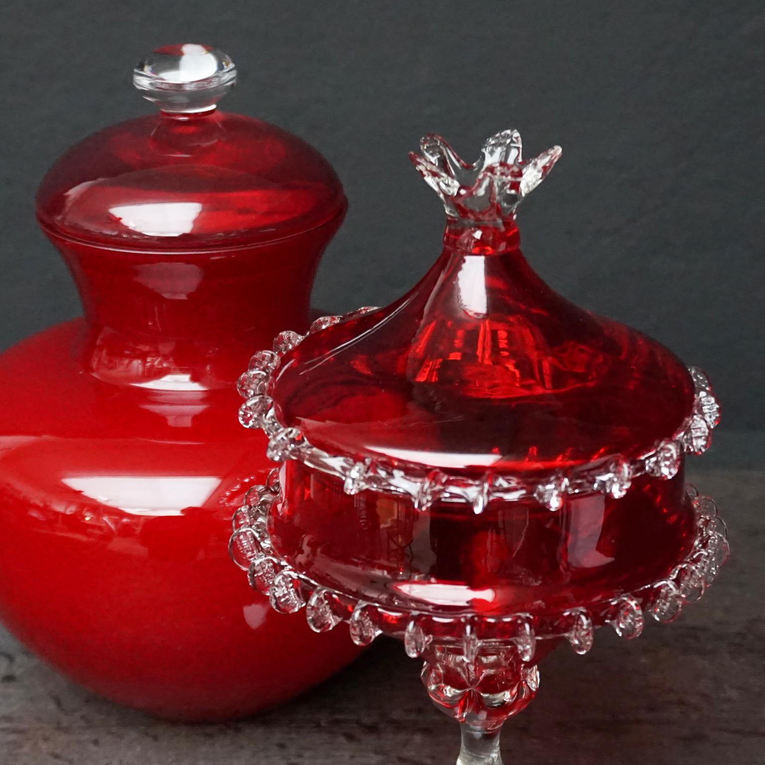 Set of Seven Bright Red MCM 1960s Italian Empoli Art Glass Decanters Vases Jars For Sale 3