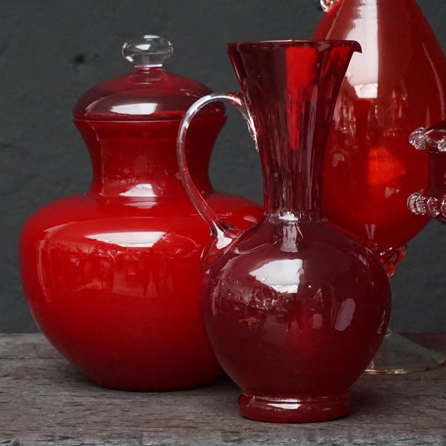 Set of Seven Bright Red MCM 1960s Italian Empoli Art Glass Decanters Vases Jars For Sale 4