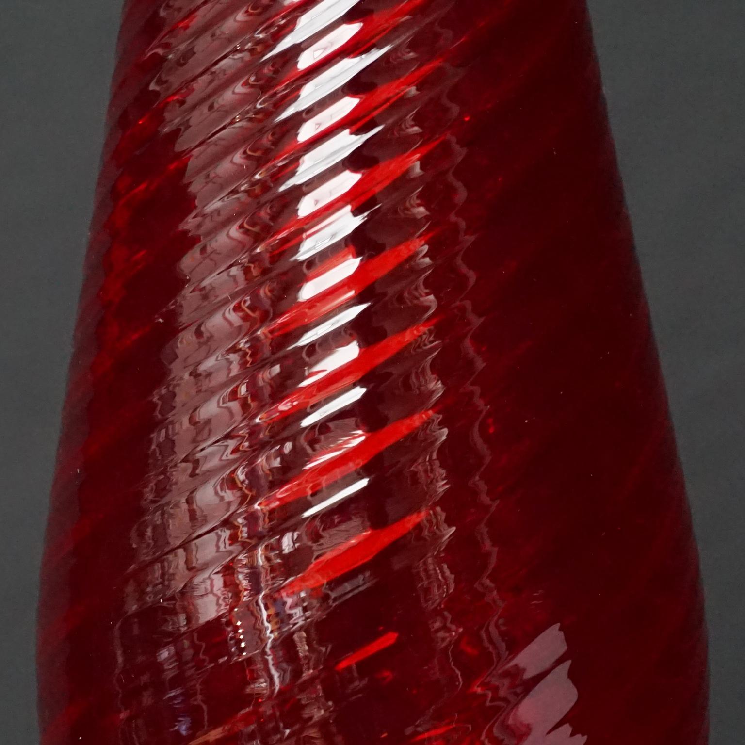 Set of Seven Bright Red MCM 1960s Italian Empoli Art Glass Decanters Vases Jars For Sale 7