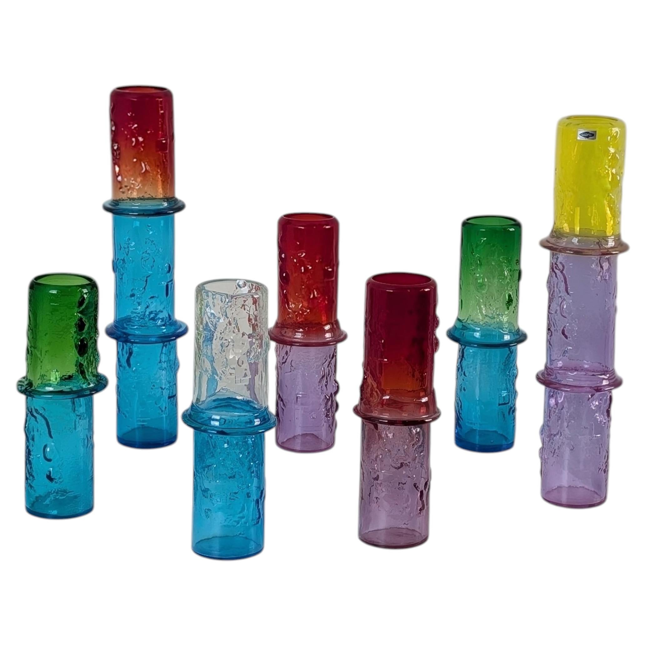 Set of Seven Colourful Signed Oiva Toikka Bambu Vases, Nuutajärvi Finland 1960s For Sale