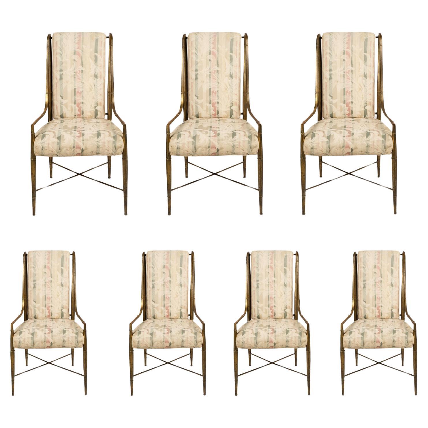 Set of Seven Faux Bamboo Brass Chairs By Mastercraft 