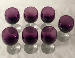 Set of Seven Fostoria Deep Purple with Clear Stem Crystal Goblets / Glasses