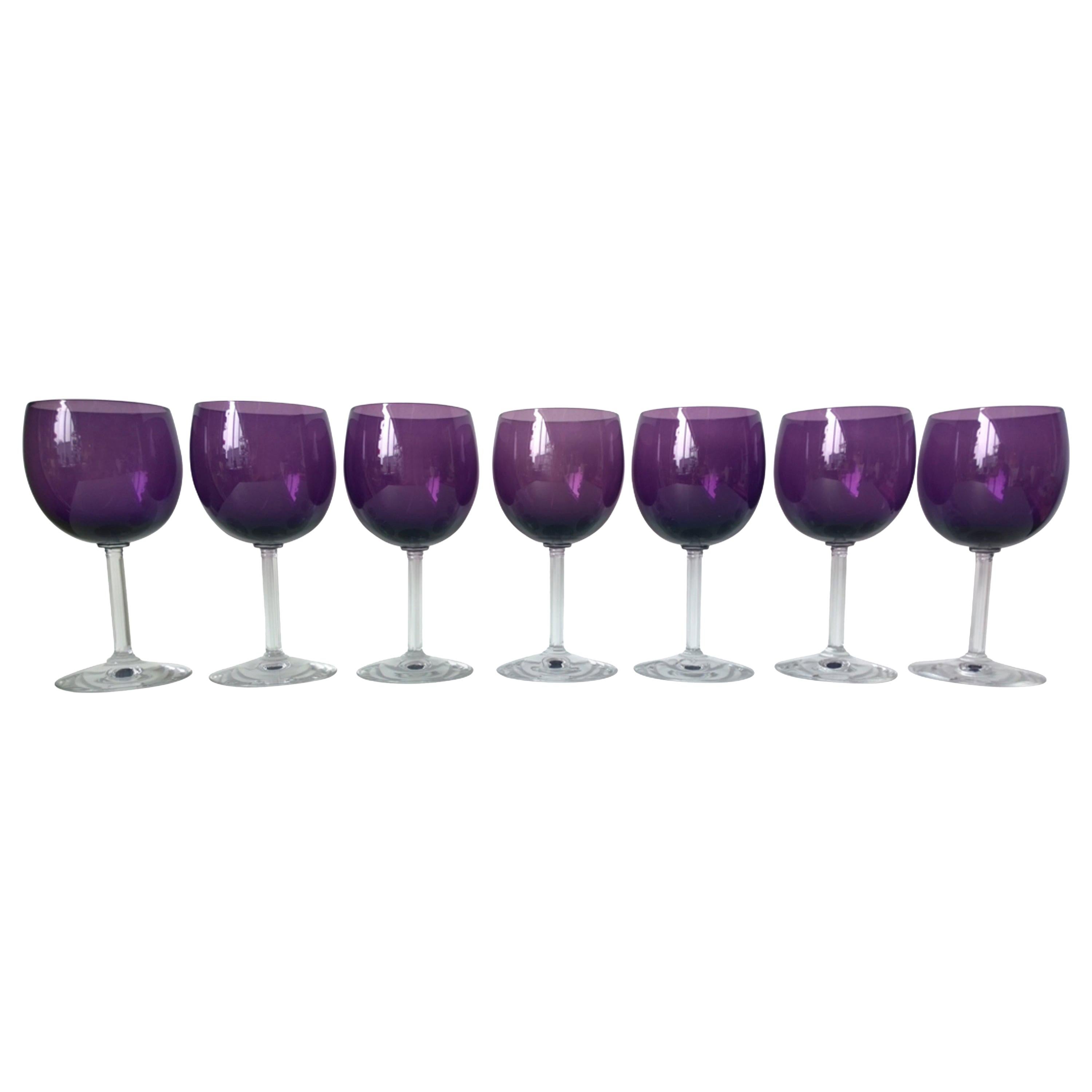 Set of Seven Fostoria Deep Purple with Clear Stem Crystal Goblets / Glasses For Sale