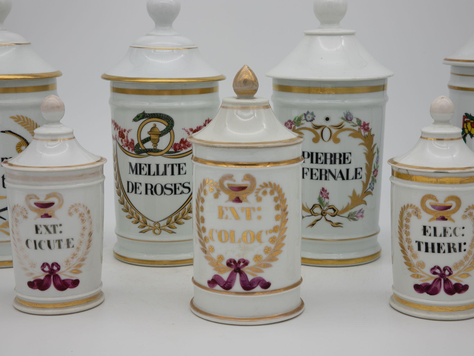 A matched set of seven vintage French apothecary jars or pharmacy vases. These jars vary in age and all are from the 20th century. This set inclused highly sought jars of Arsenic and Opium. Three jars are from the same set and feature a gold design