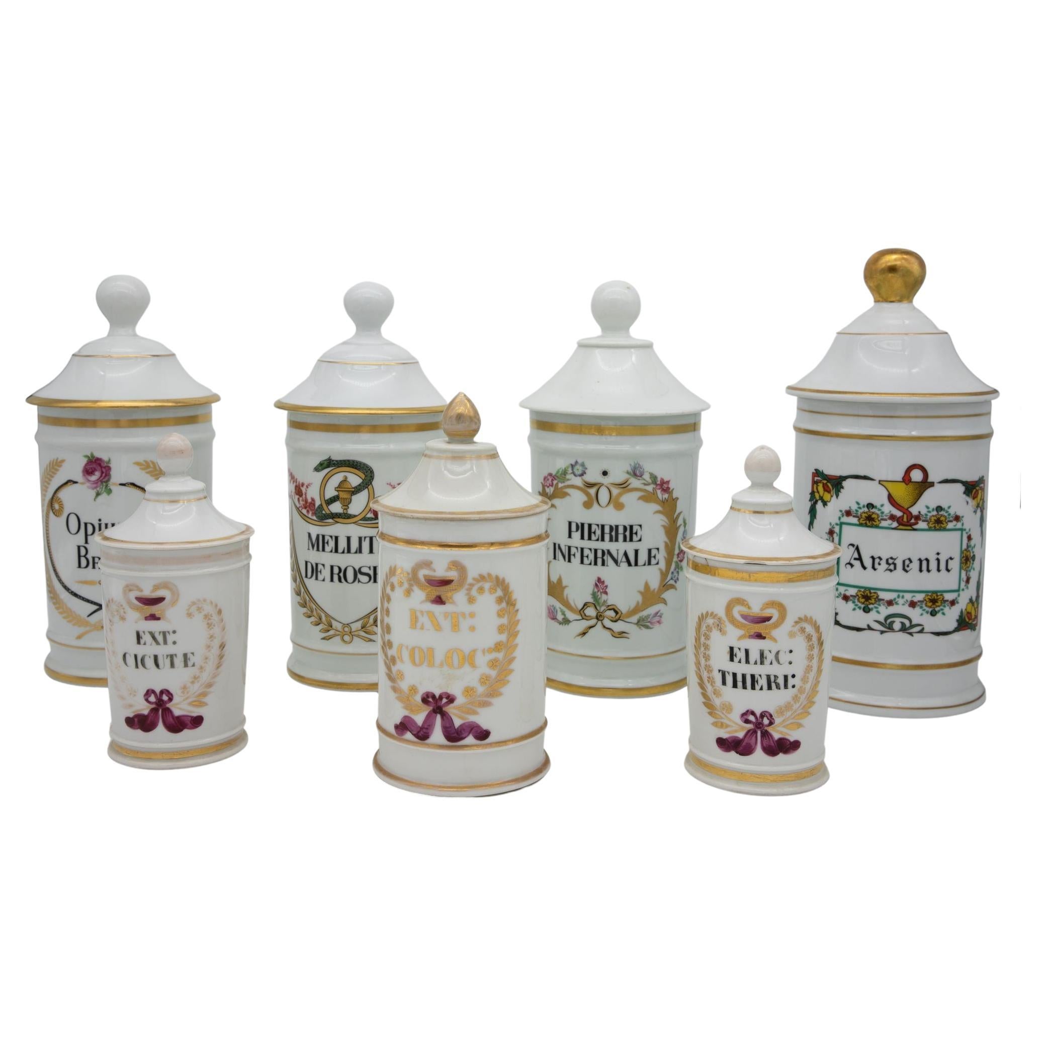 Set of Seven French Apothecary Jars For Sale