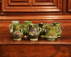 Set of Seven French Green Glazed Pots Vases and Pitcher from Provence